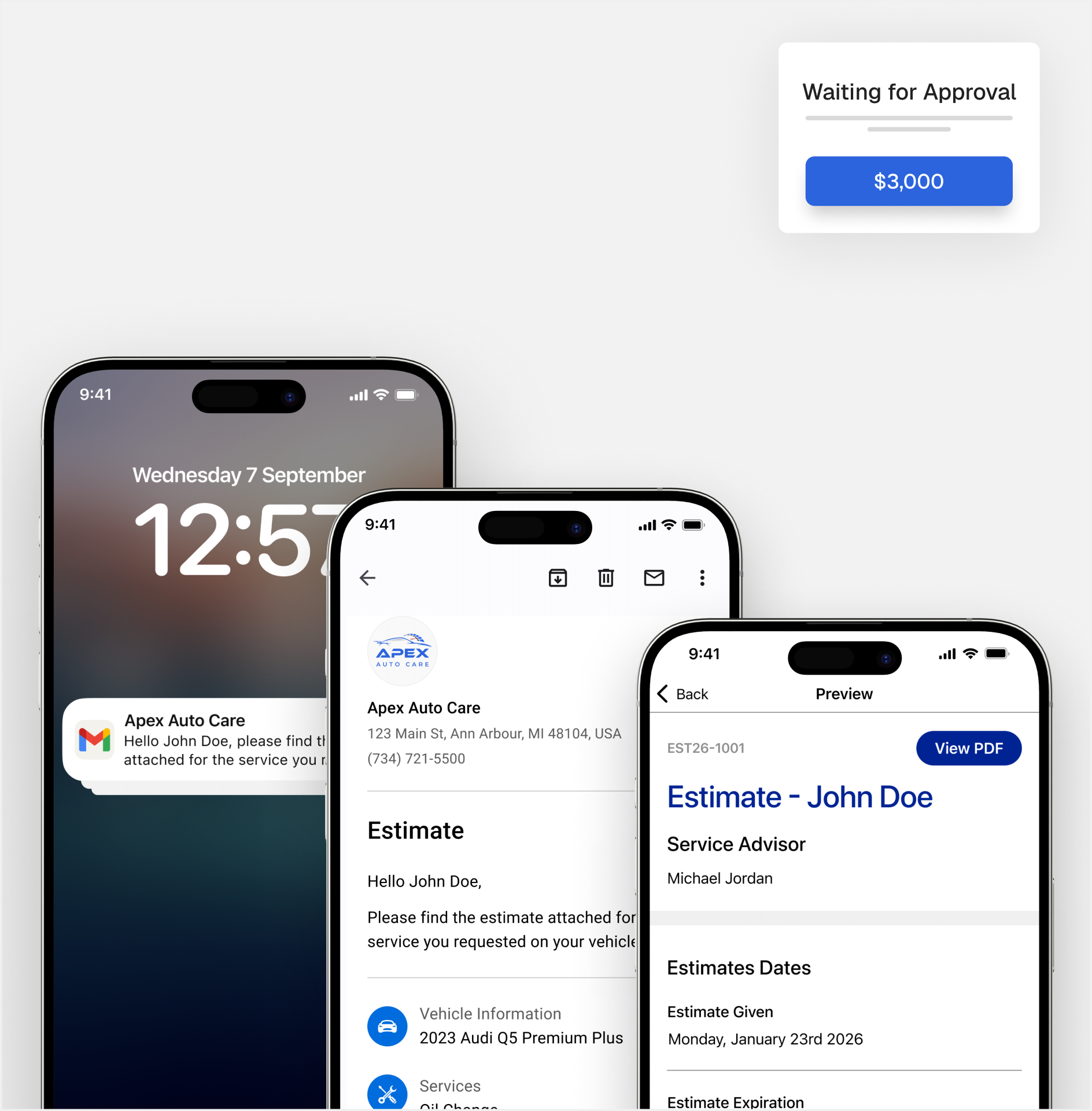 Apex Mechanic estimate flow on iPhone — lock-screen notification, estimate email, and estimate preview, with a "$3000 Sent" status card