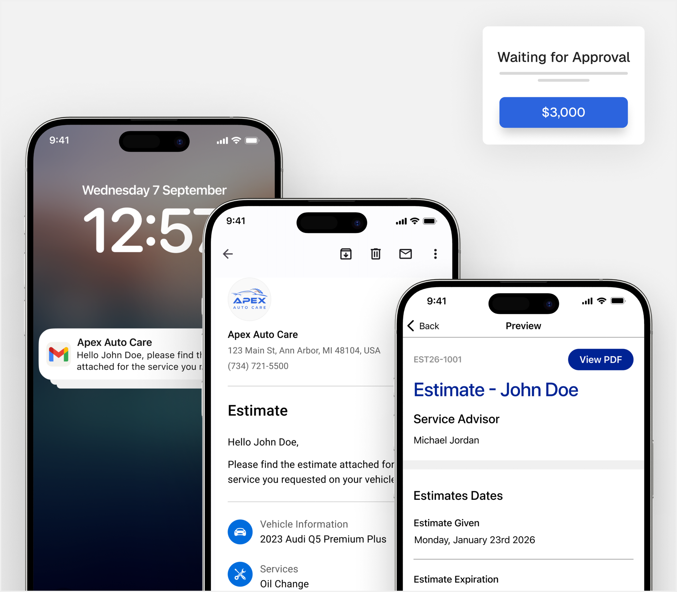 Apex Mechanic estimate flow on iPhone — lock-screen notification, estimate email, and estimate preview, with a "$3000 Sent" status card