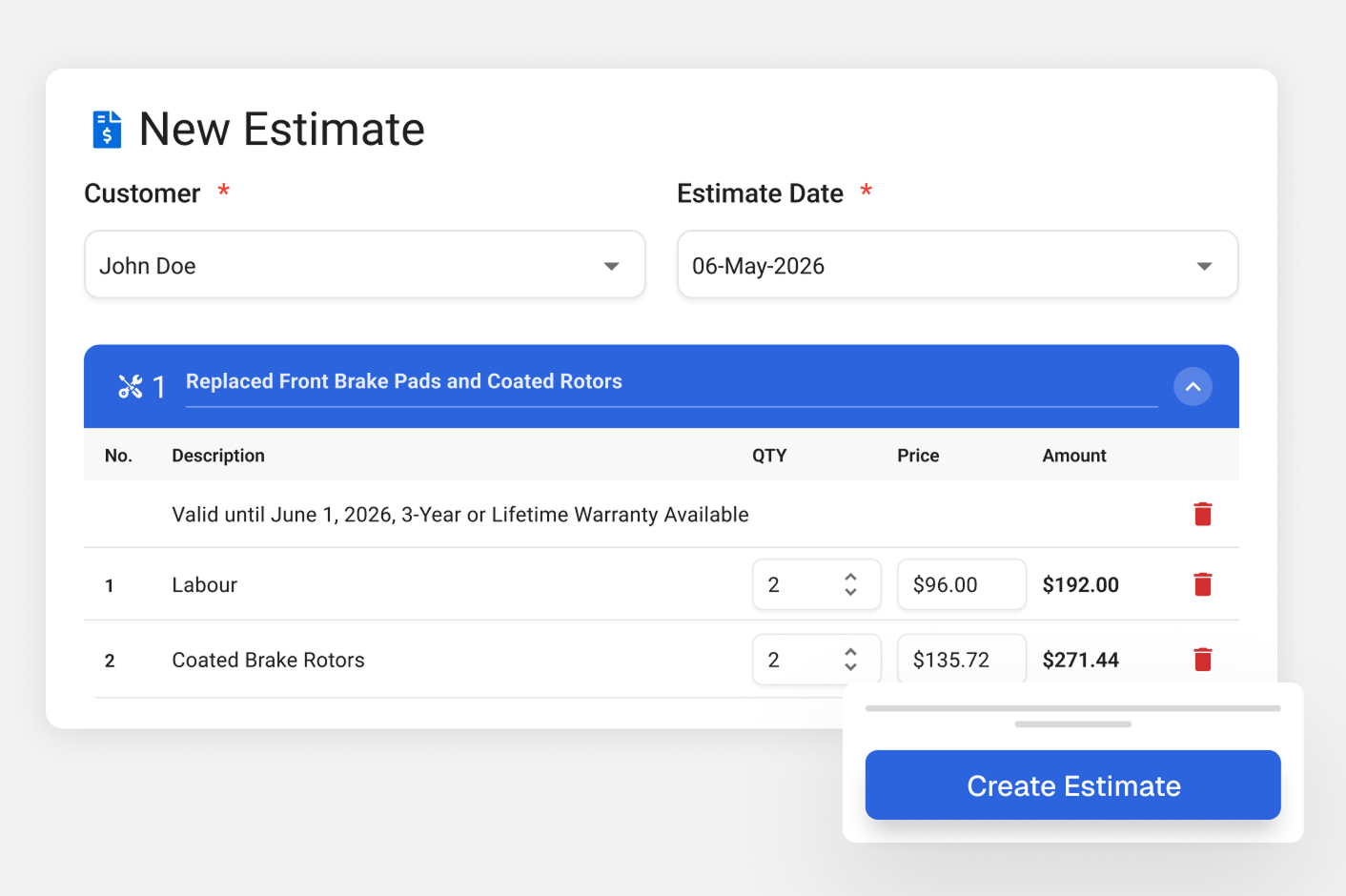 Creating a new estimate with services, labor and parts in the Apex Mechanic dashboard