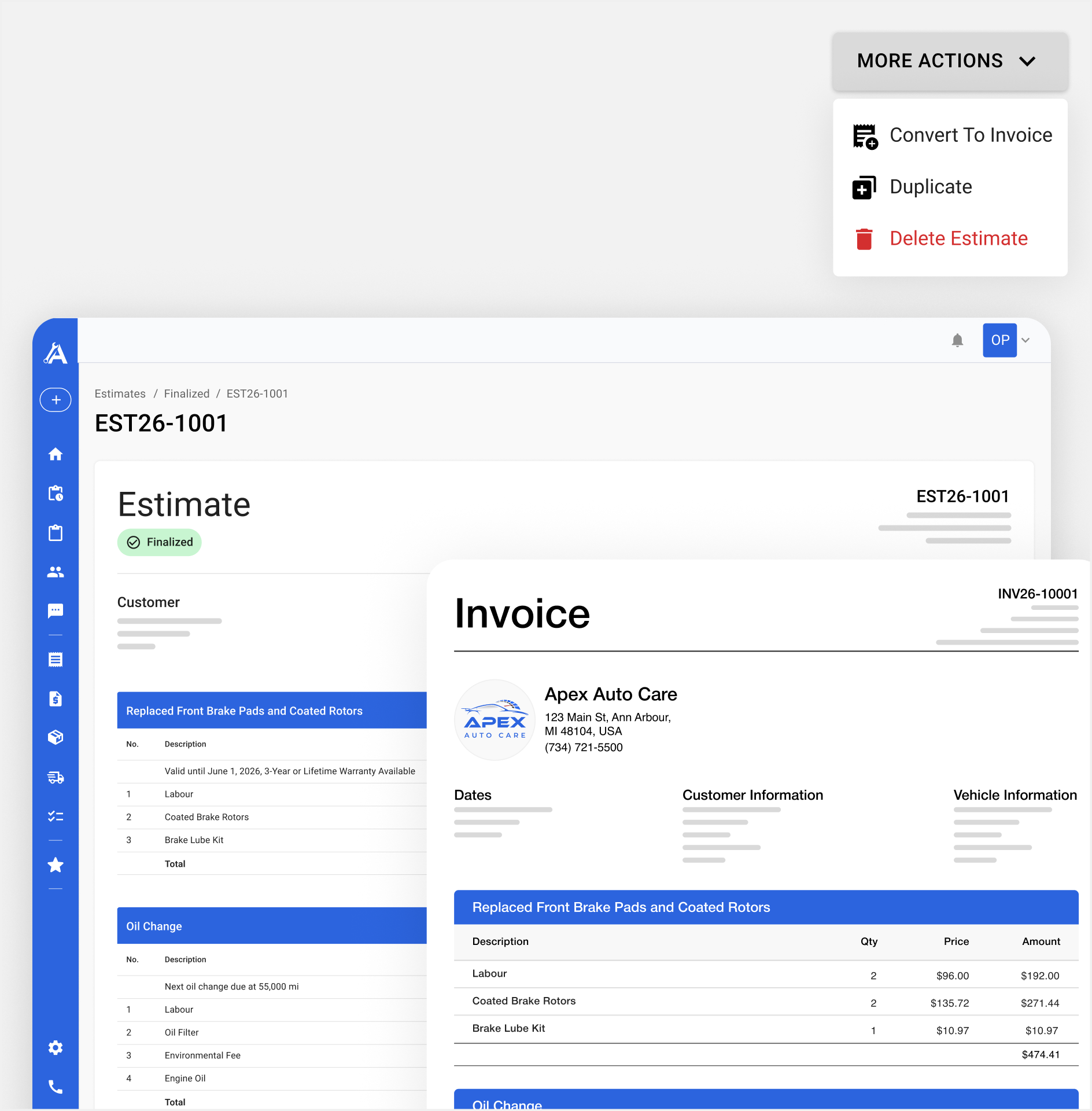 Apex Mechanic estimate converting into an invoice, with a More Actions menu showing the Convert To Invoice option