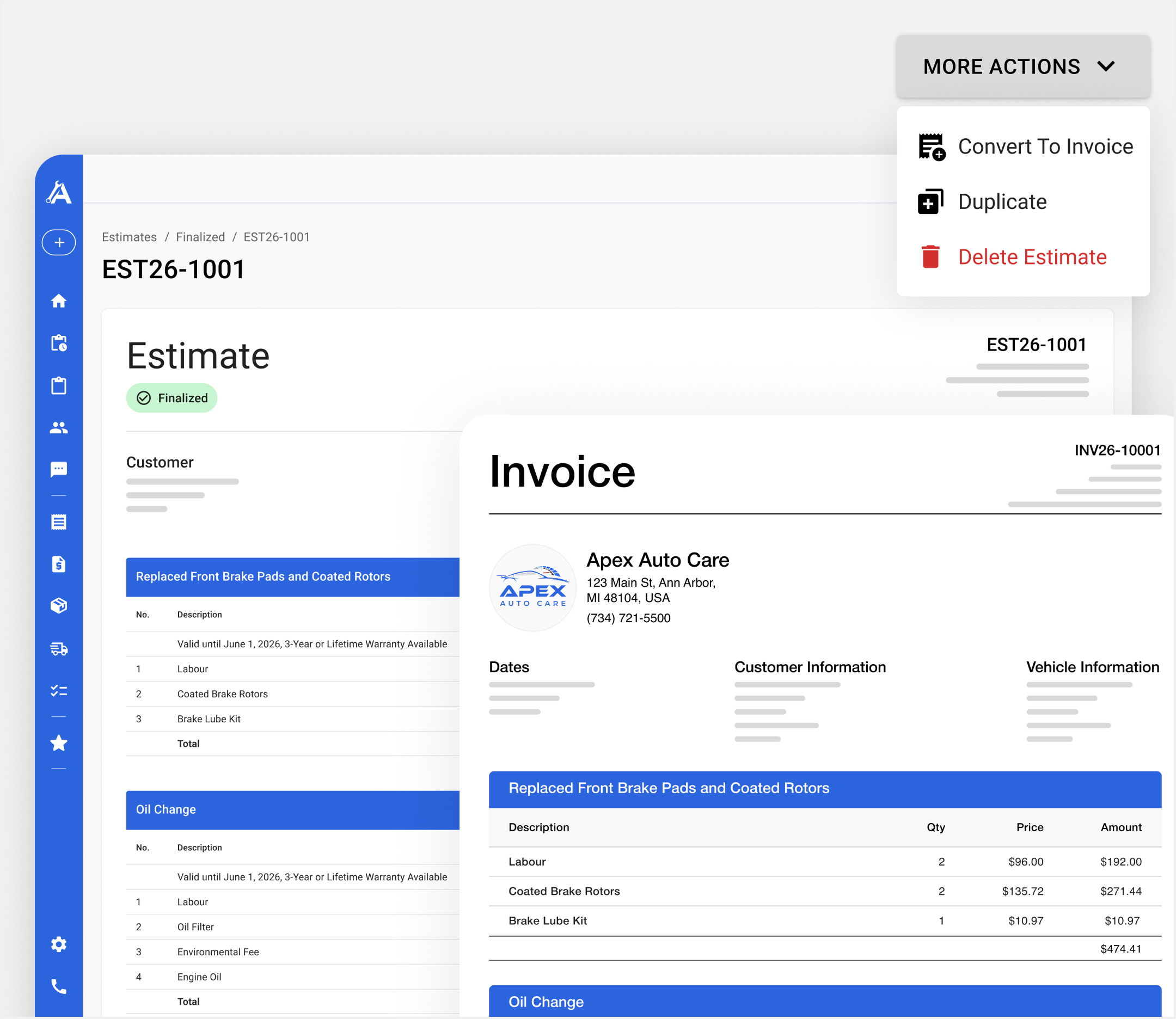 Apex Mechanic estimate converting into an invoice, with a More Actions menu showing the Convert To Invoice option