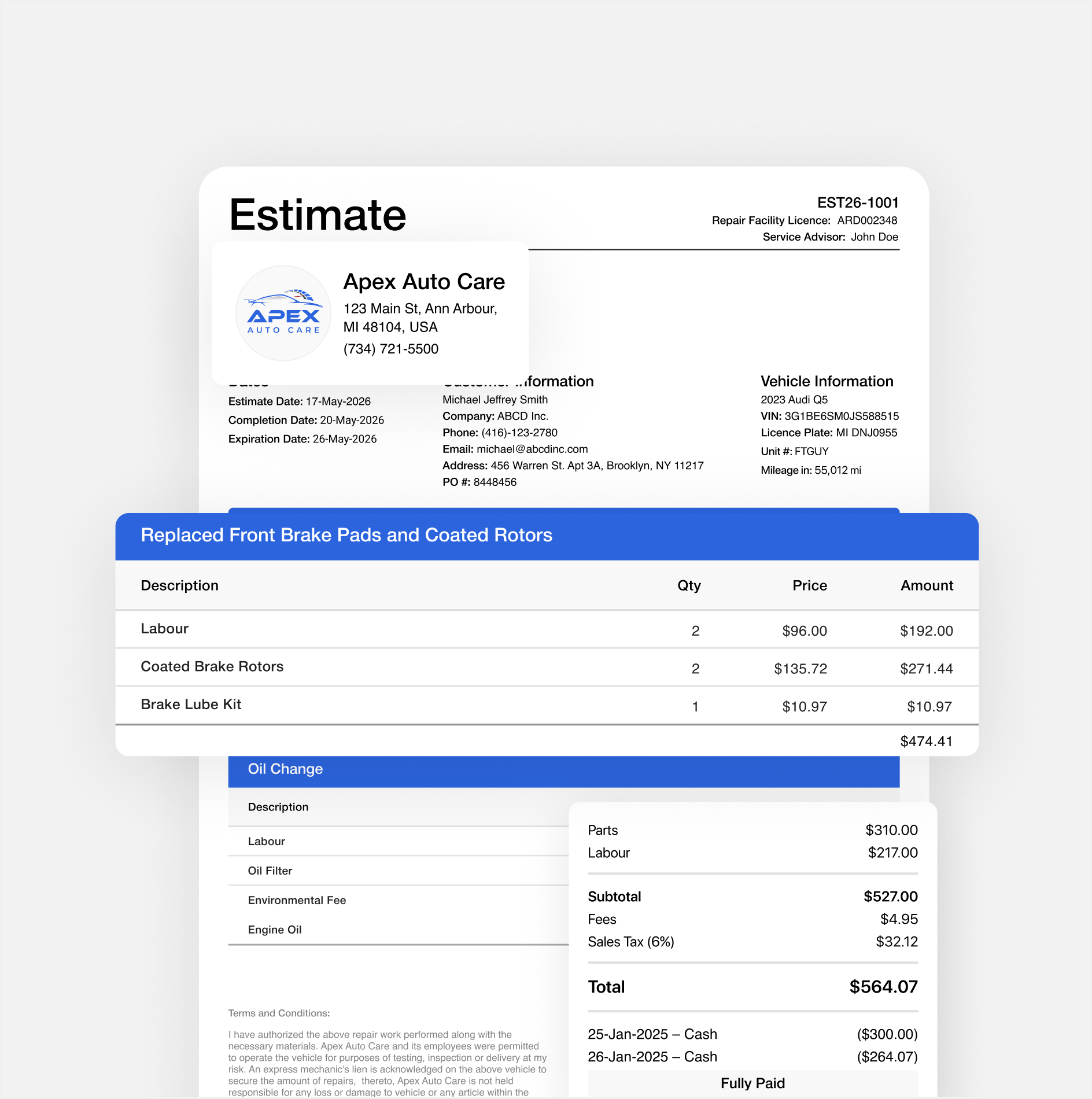 Stacked itemized estimate documents created by Apex Mechanic