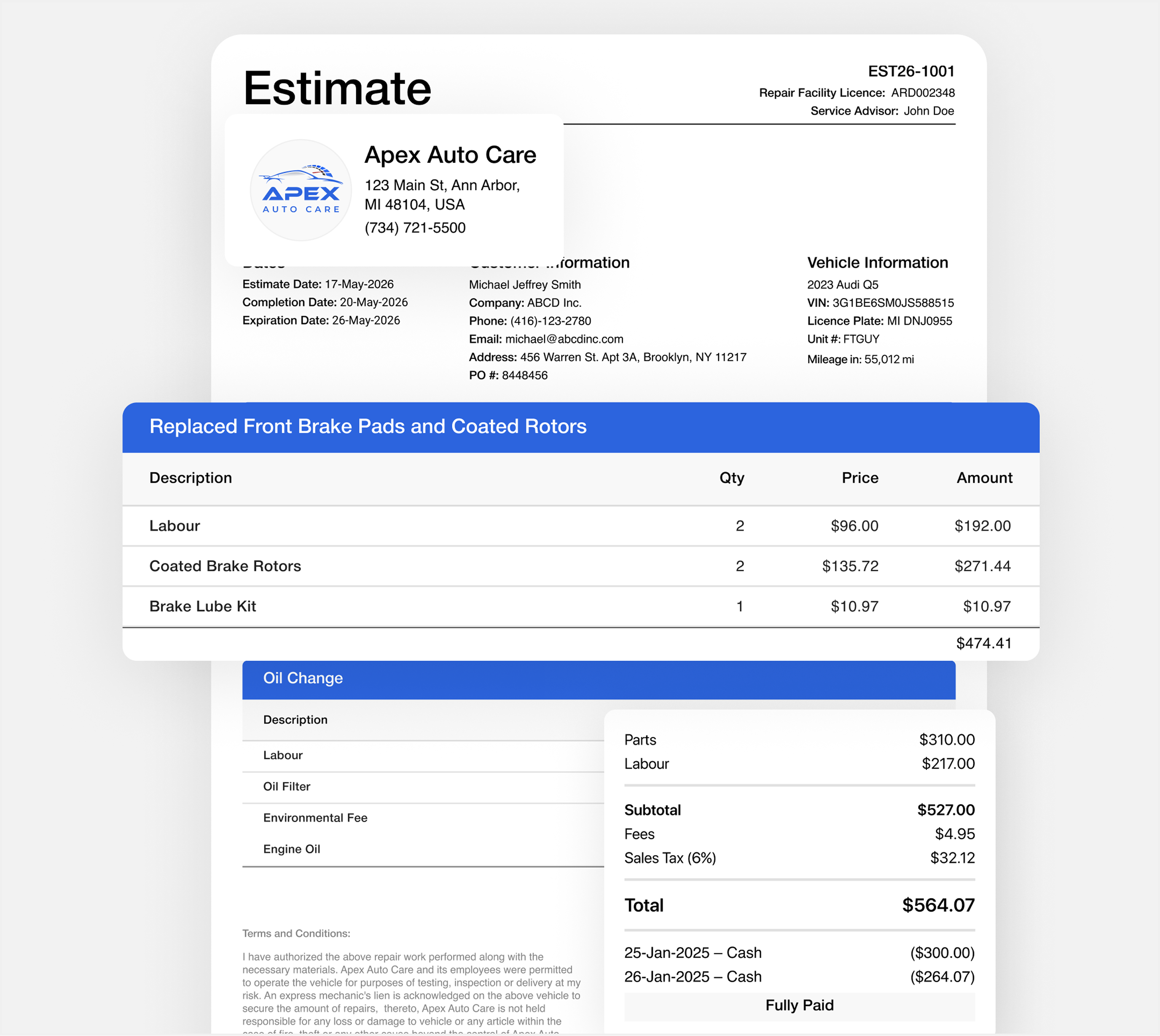 Stacked itemized estimate documents created by Apex Mechanic