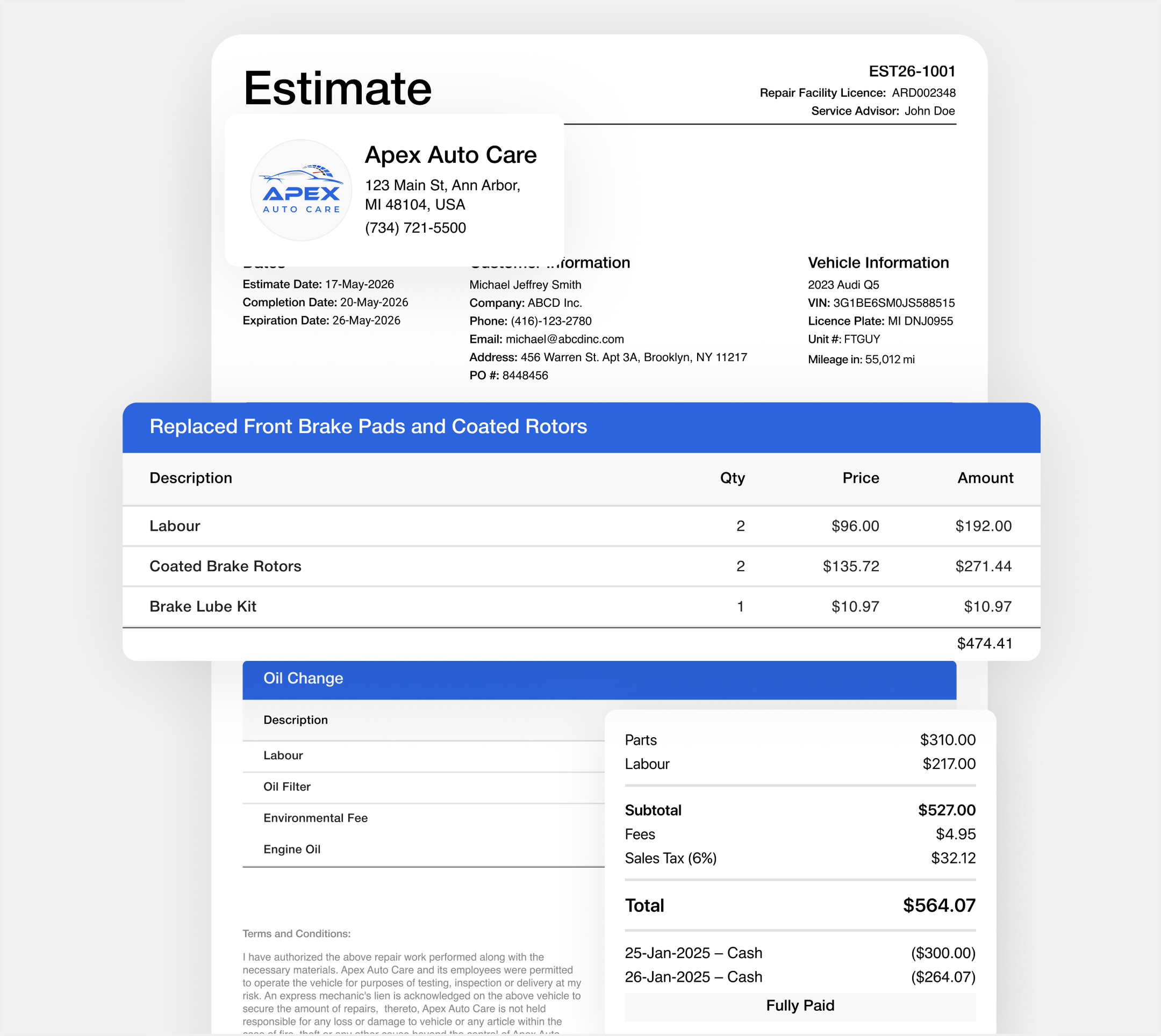 Stacked itemized estimate documents created by Apex Mechanic