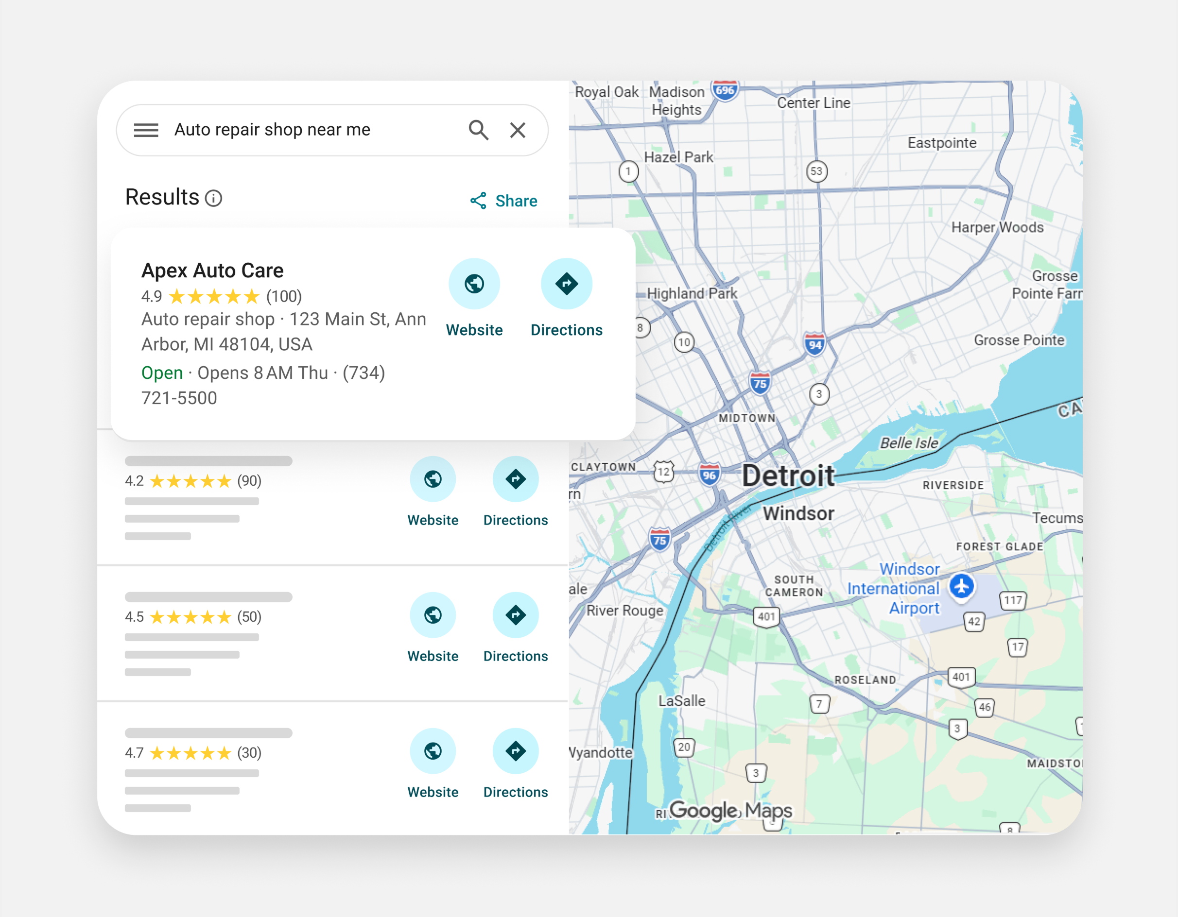 Google Maps search results showing Apex Auto Repair ranked first with a 4.9 star rating