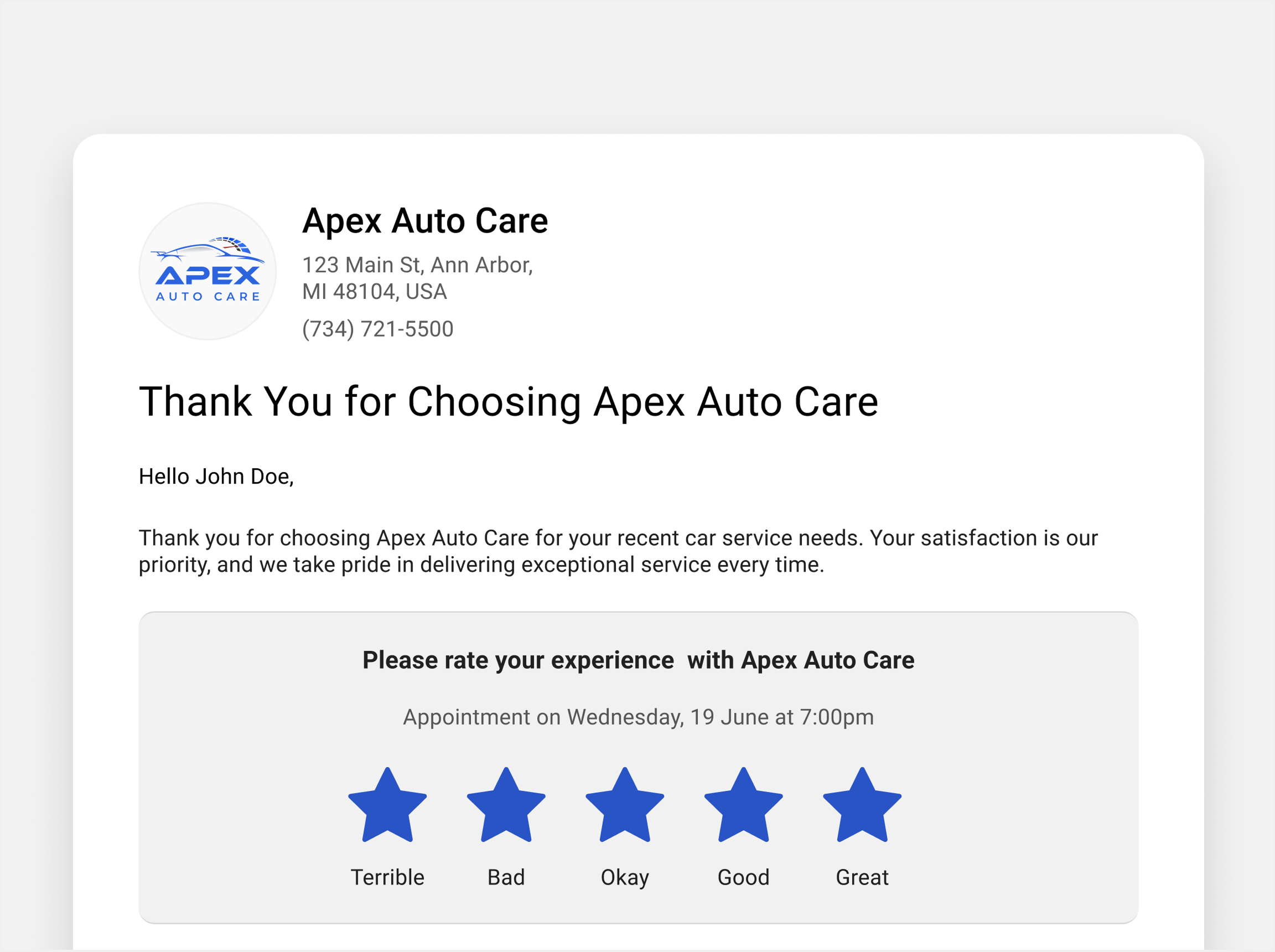Apex Auto Care thank-you email asking the customer to rate their experience