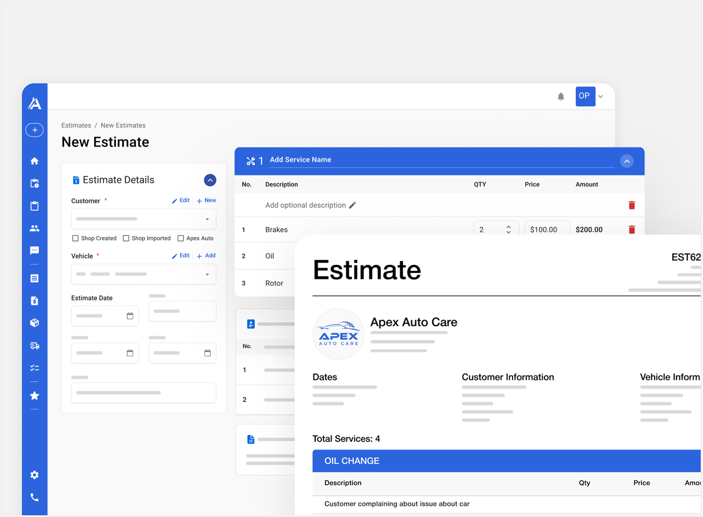 New estimate screen with itemised estimate preview and PDF email preview