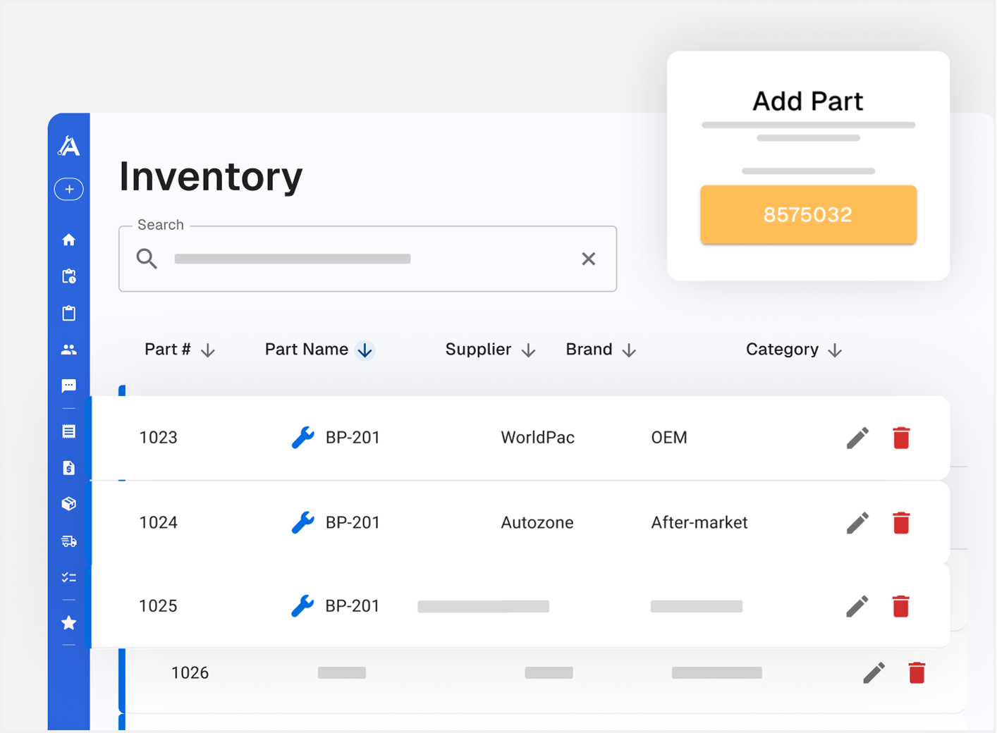 Inventory table showing parts, suppliers, brands and stock levels
