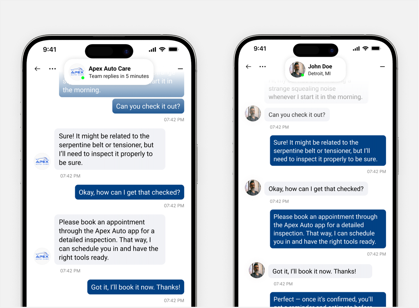 Two-way SMS chat between a workshop and a customer on mobile