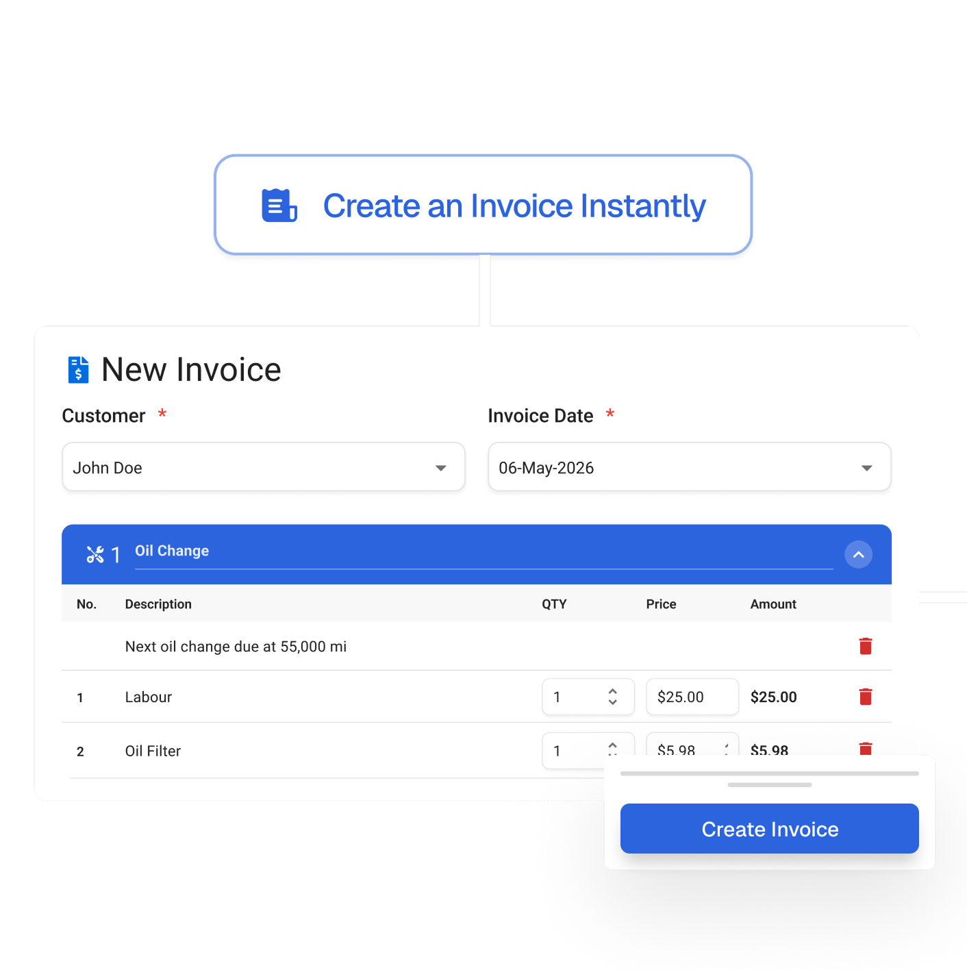 The invoices dashboard lists every repair order and its status