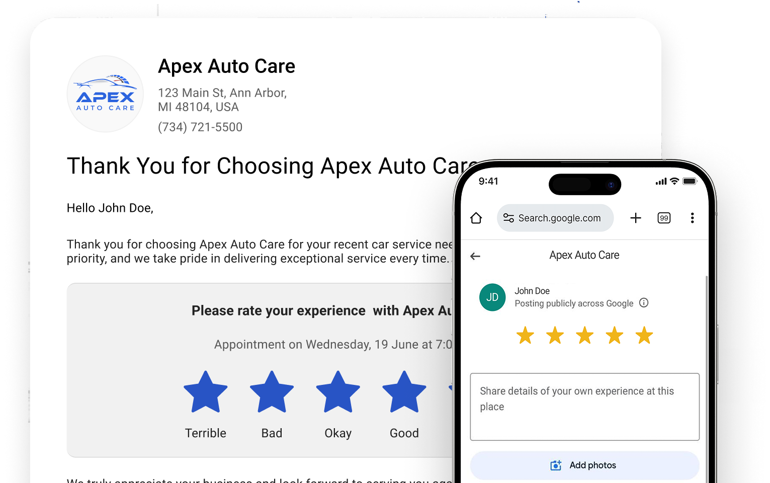 Customer review request email with a five-star rating selector