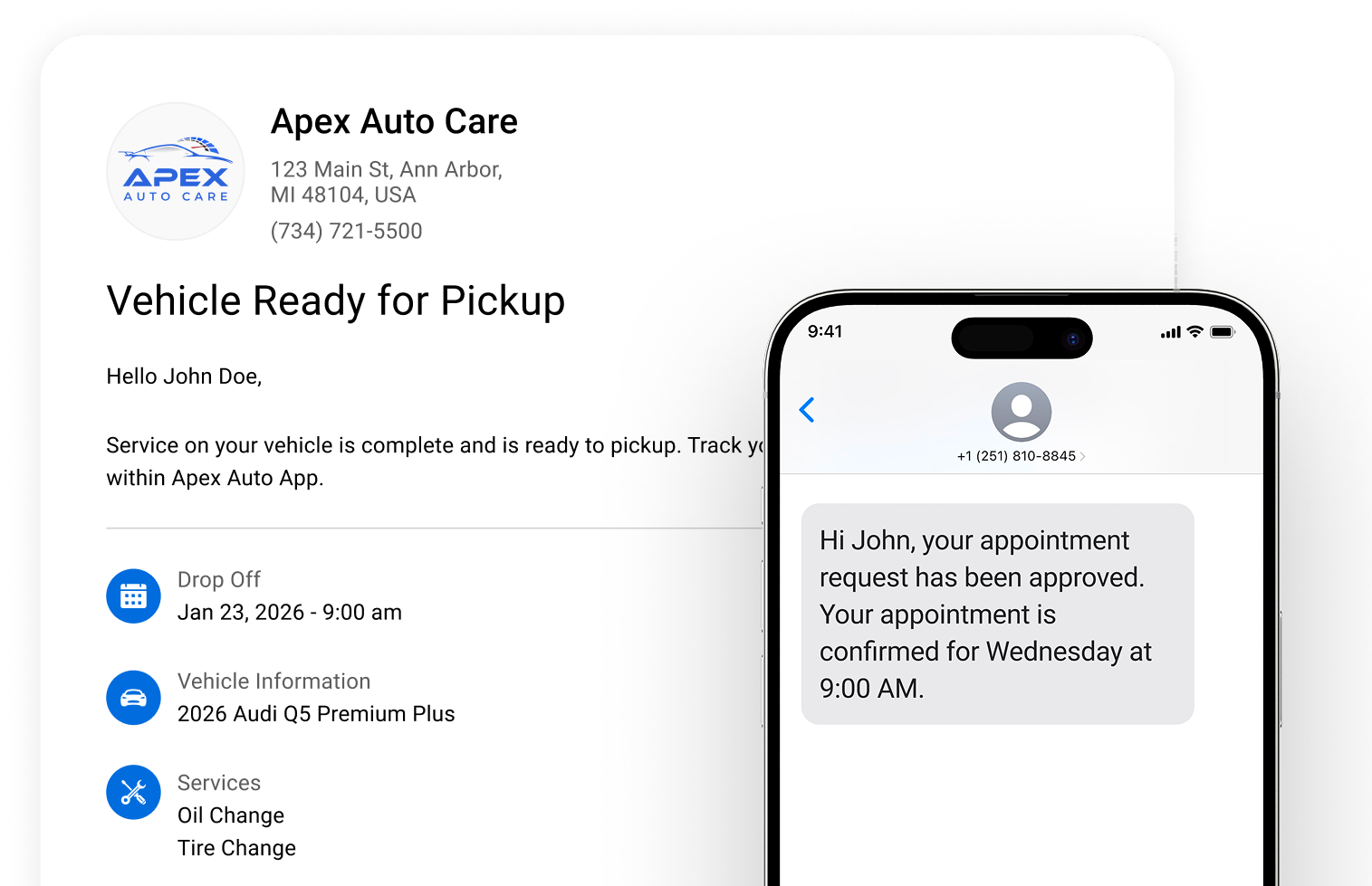 Vehicle-ready appointment reminder email and mobile notification