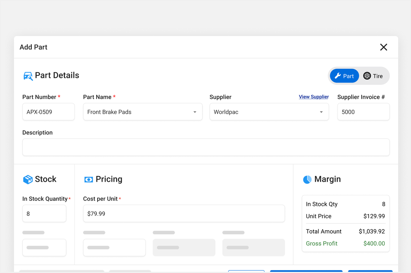 Adding a part with stock, pricing and margin details in the Apex Mechanic dashboard