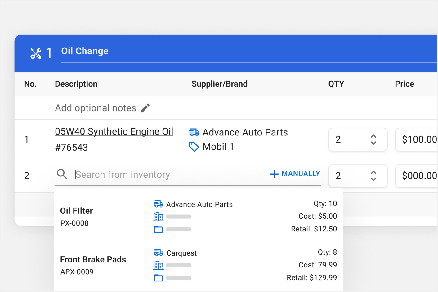 Parts linked to an Oil Change job line item on an invoice