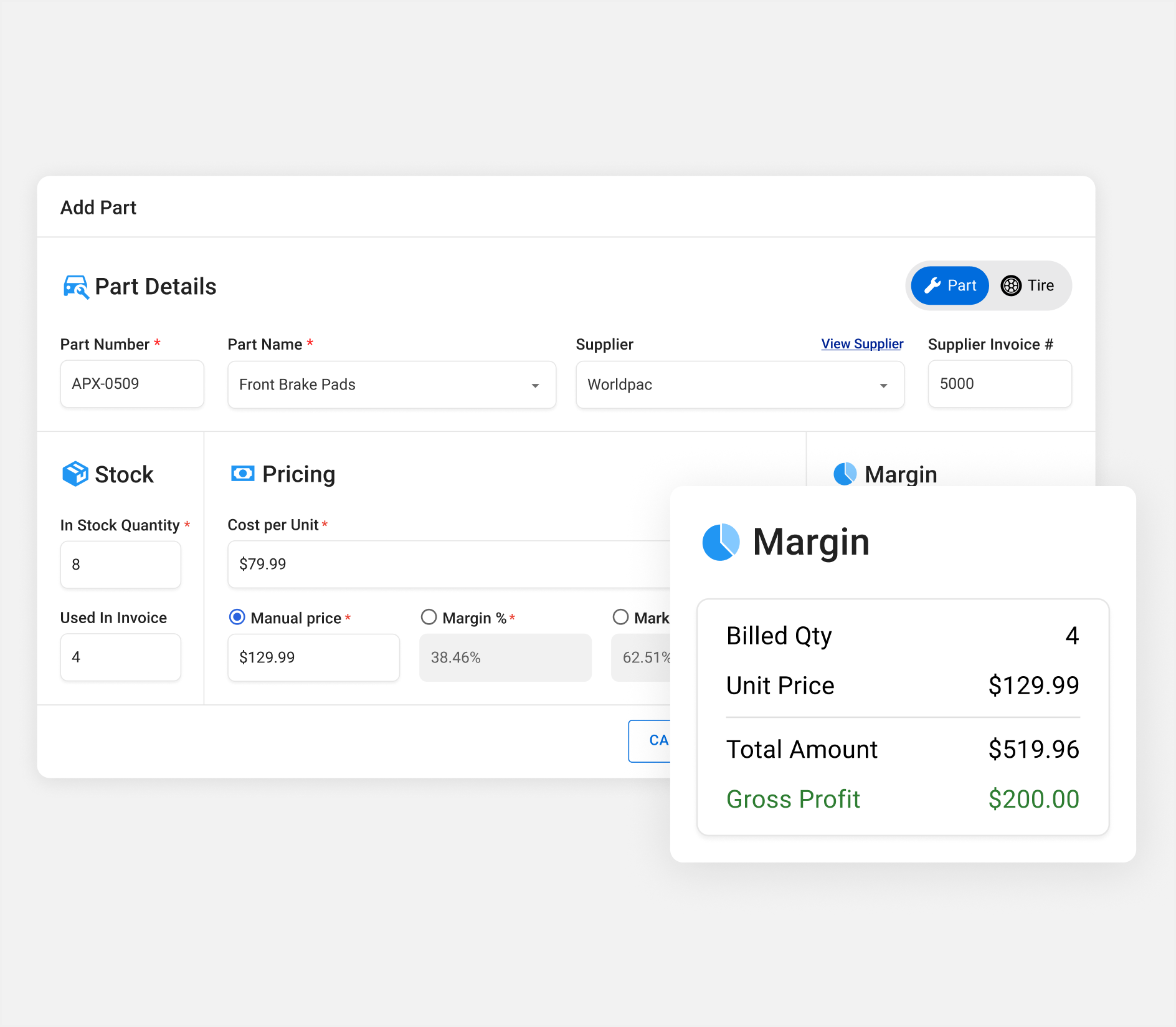 Apex Mechanic add-part form showing supplier cost, pricing and a live margin breakdown