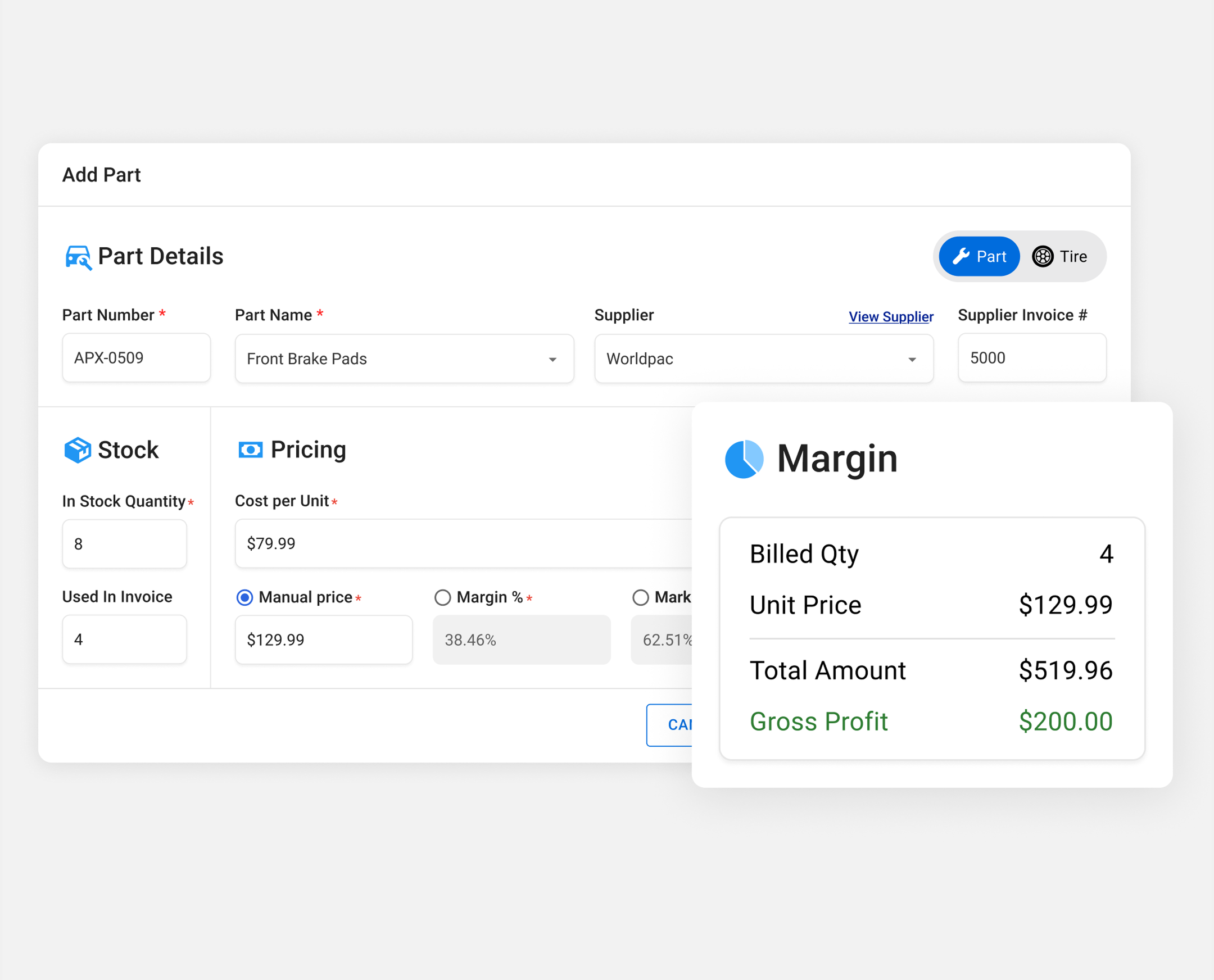 Apex Mechanic add-part form showing supplier cost, pricing and a live margin breakdown