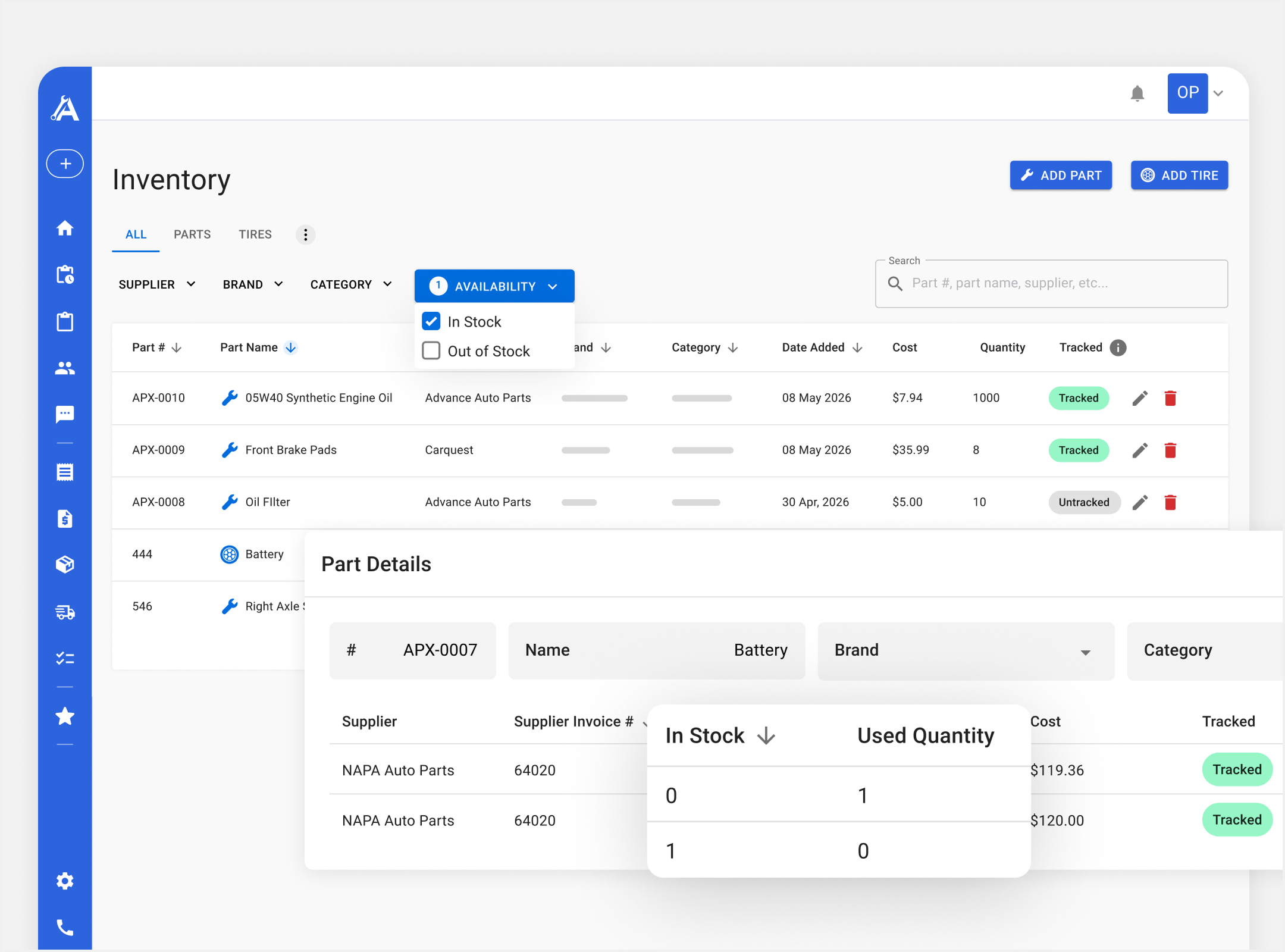 Apex Mechanic inventory dashboard showing parts list and stock availability