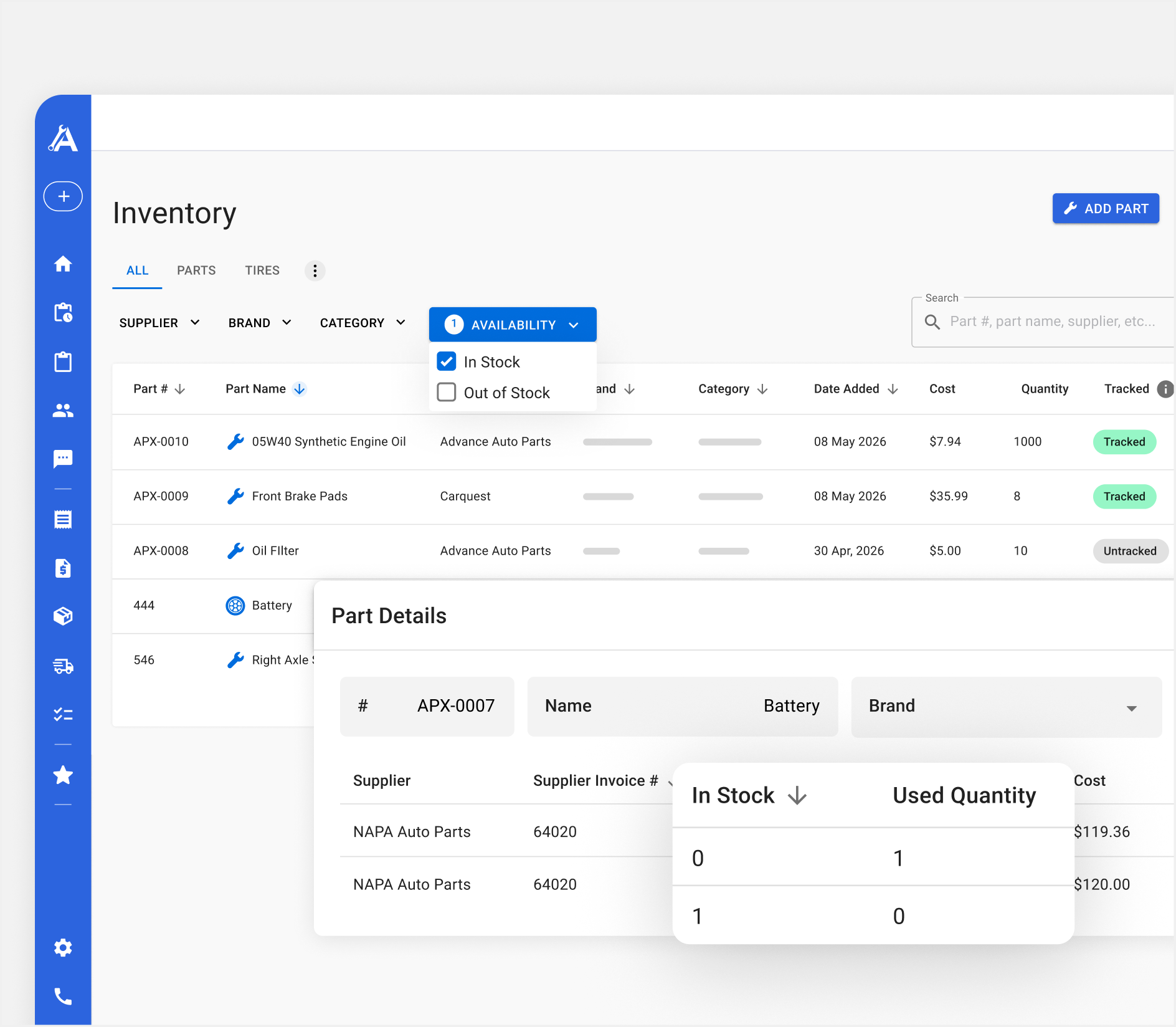 Apex Mechanic inventory dashboard showing parts list and stock availability