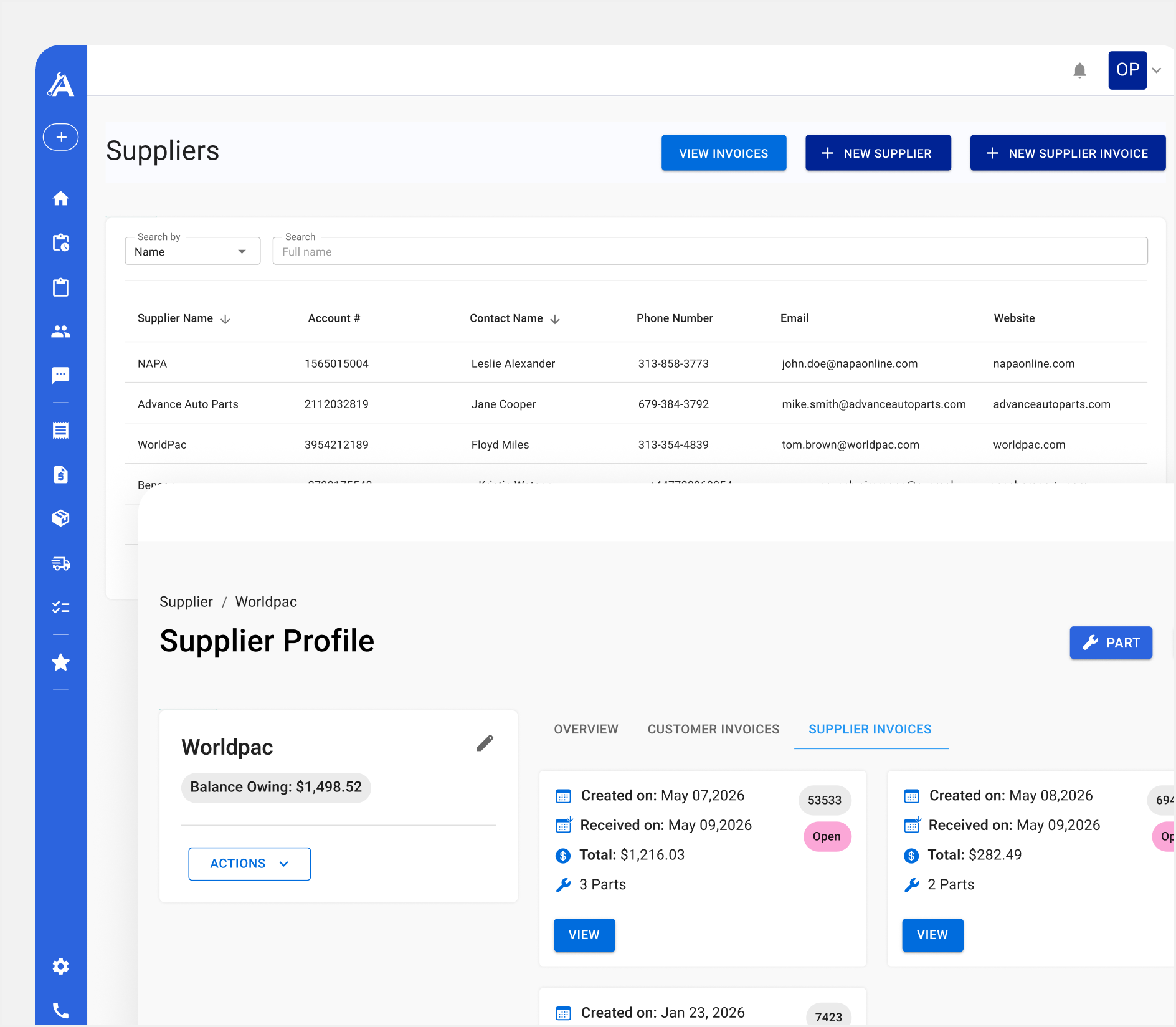 Apex Mechanic suppliers list and supplier profile screens with an outstanding balance summary