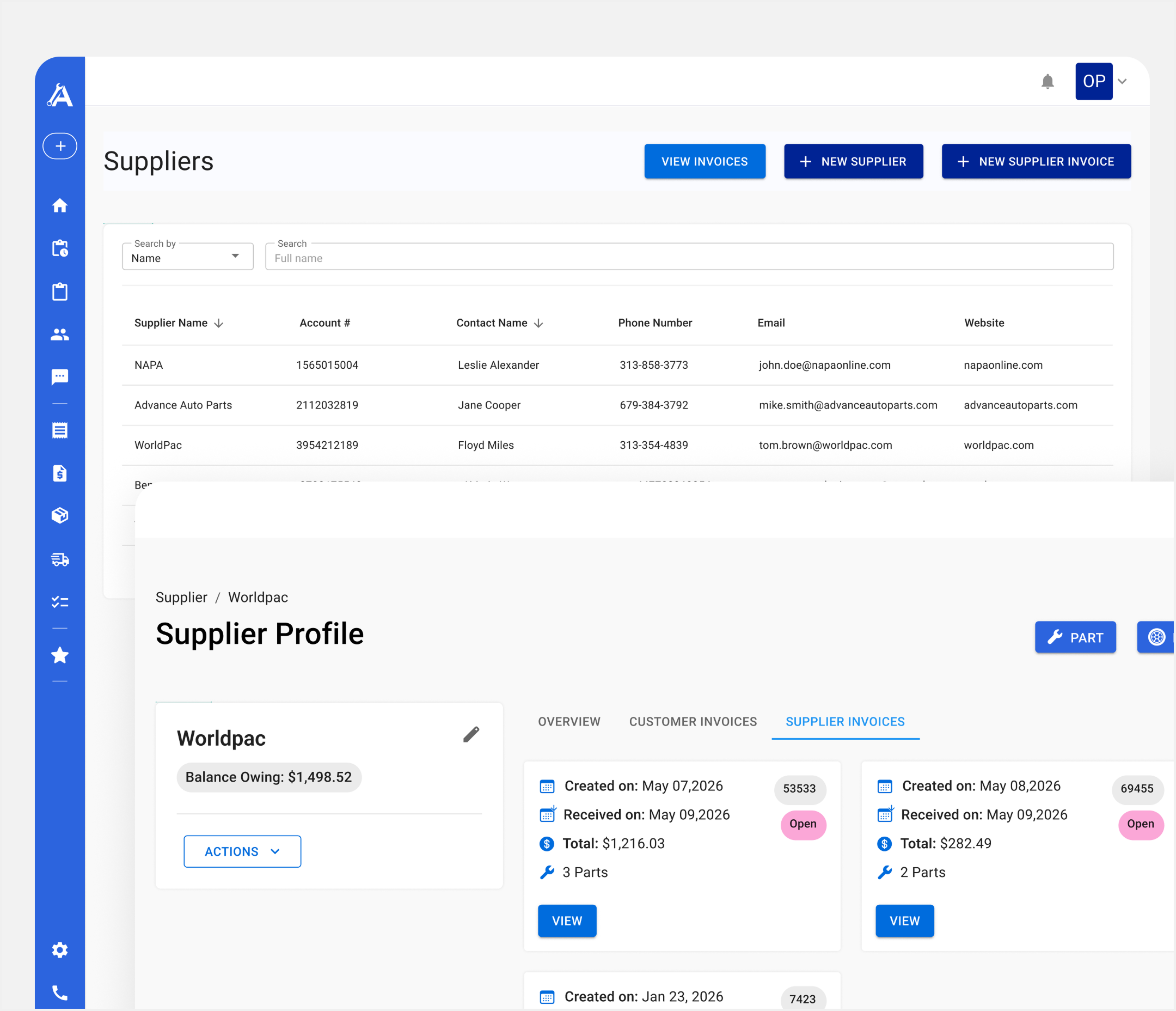 Apex Mechanic suppliers list and supplier profile screens with an outstanding balance summary