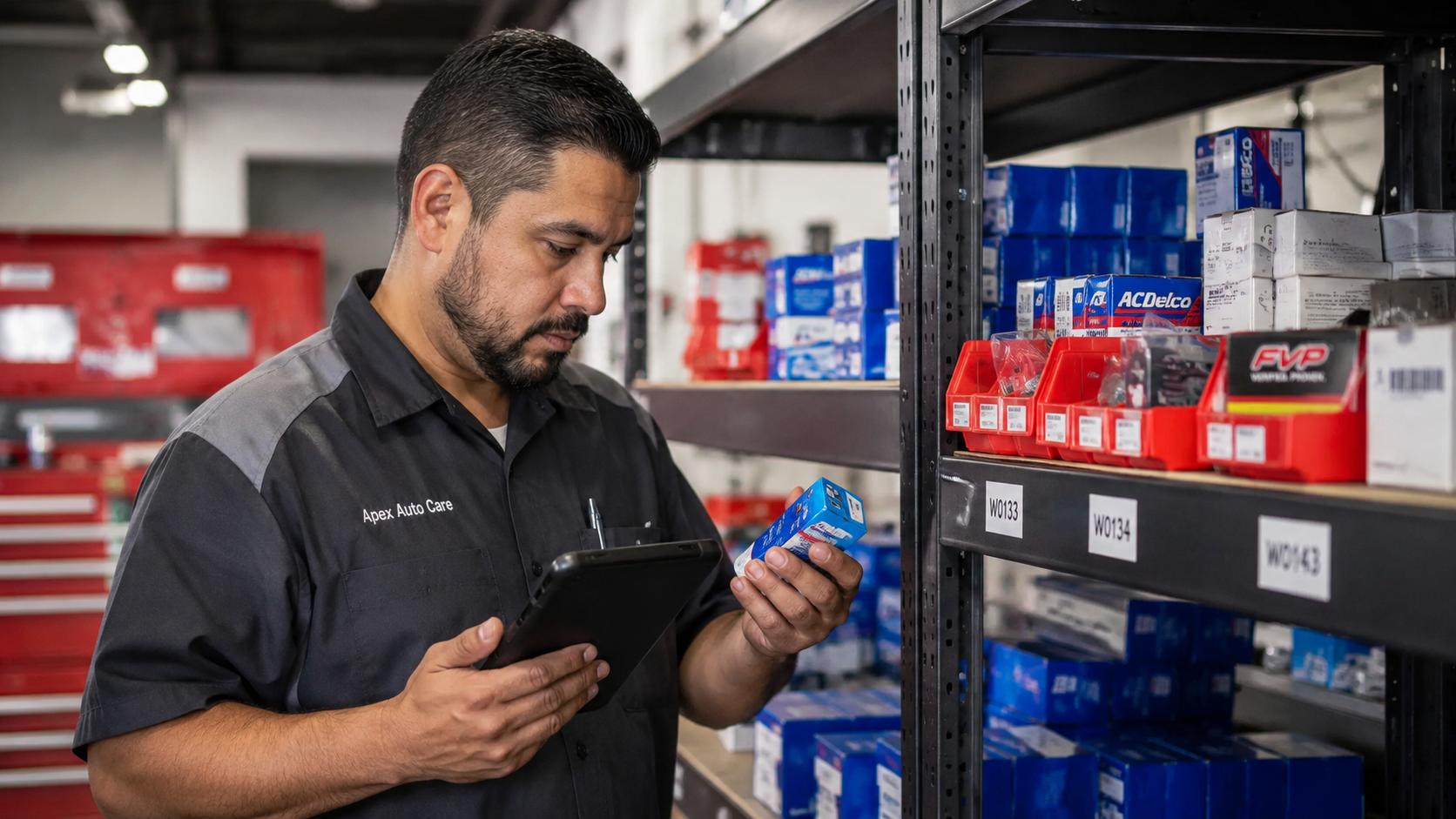 Two mechanics reviewing inventory on a clipboard in a workshop