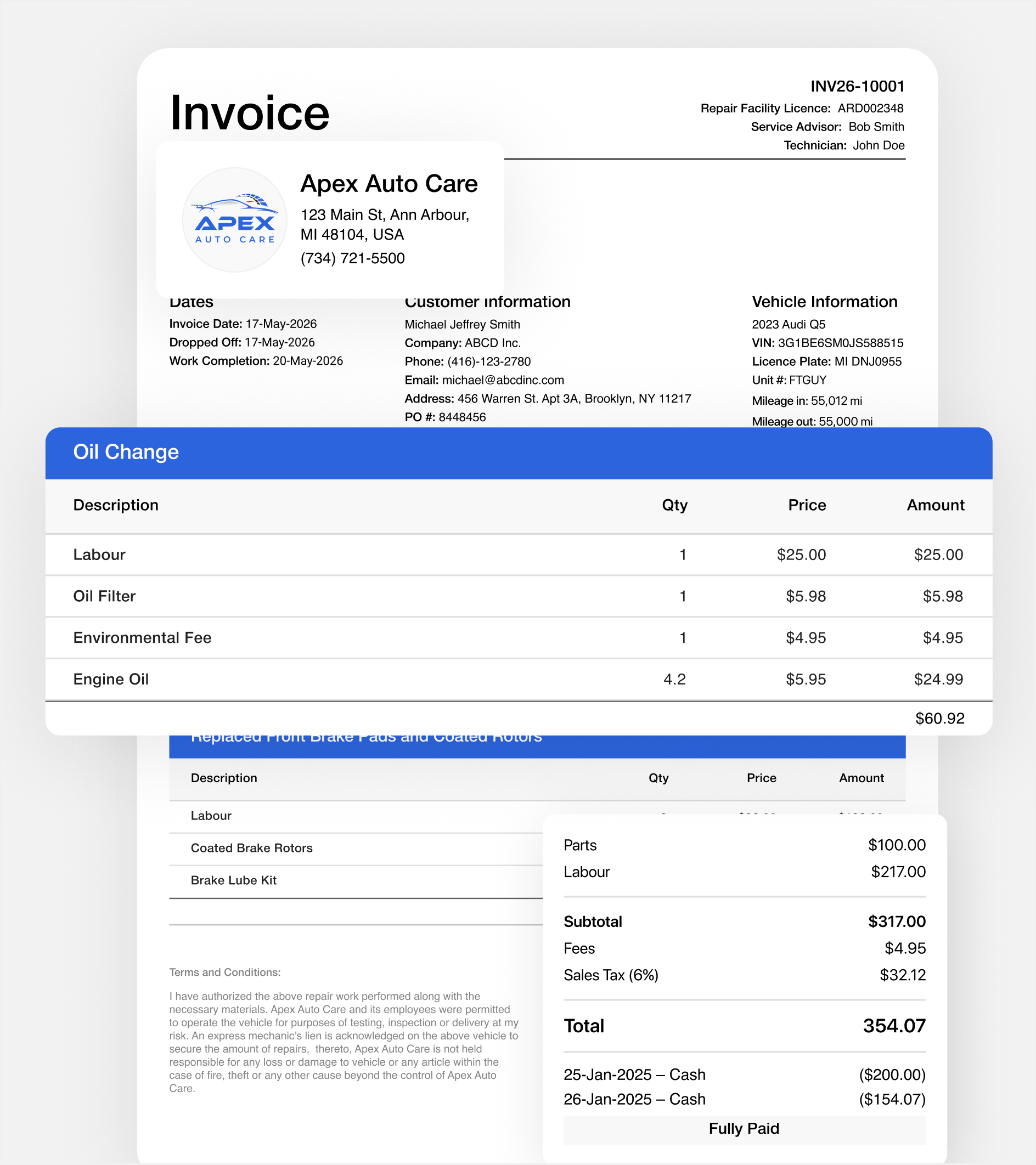 Stacked professional invoice documents created by Apex Mechanic