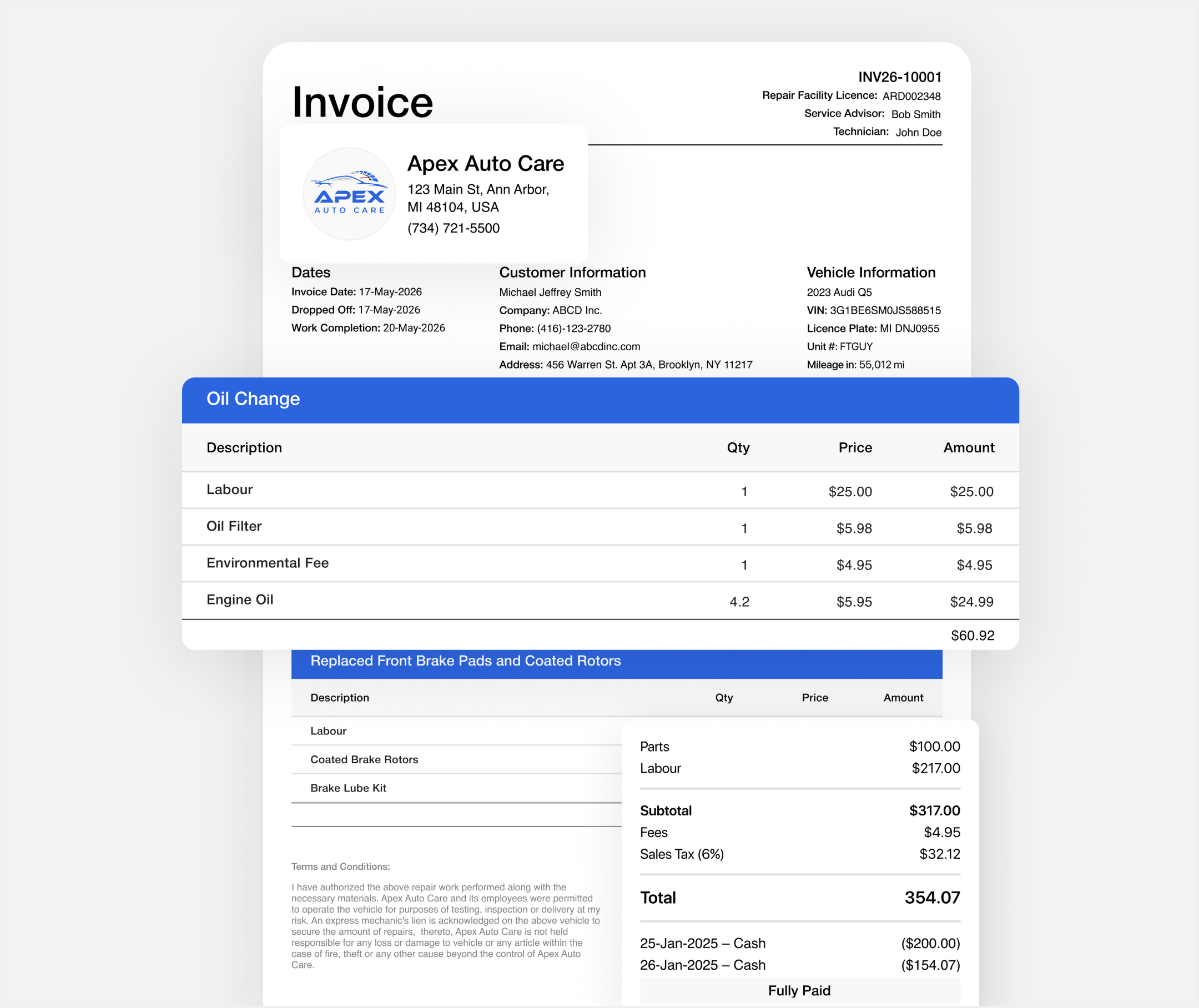 Stacked professional invoice documents created by Apex Mechanic