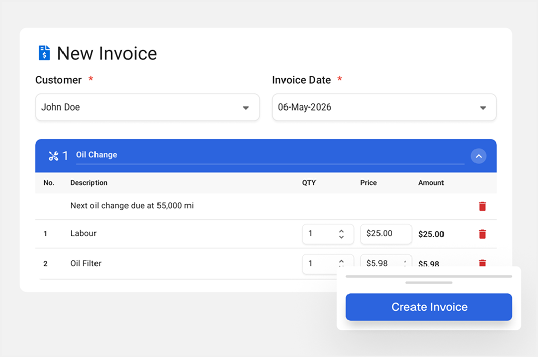 Creating a new invoice in the Apex Mechanic dashboard