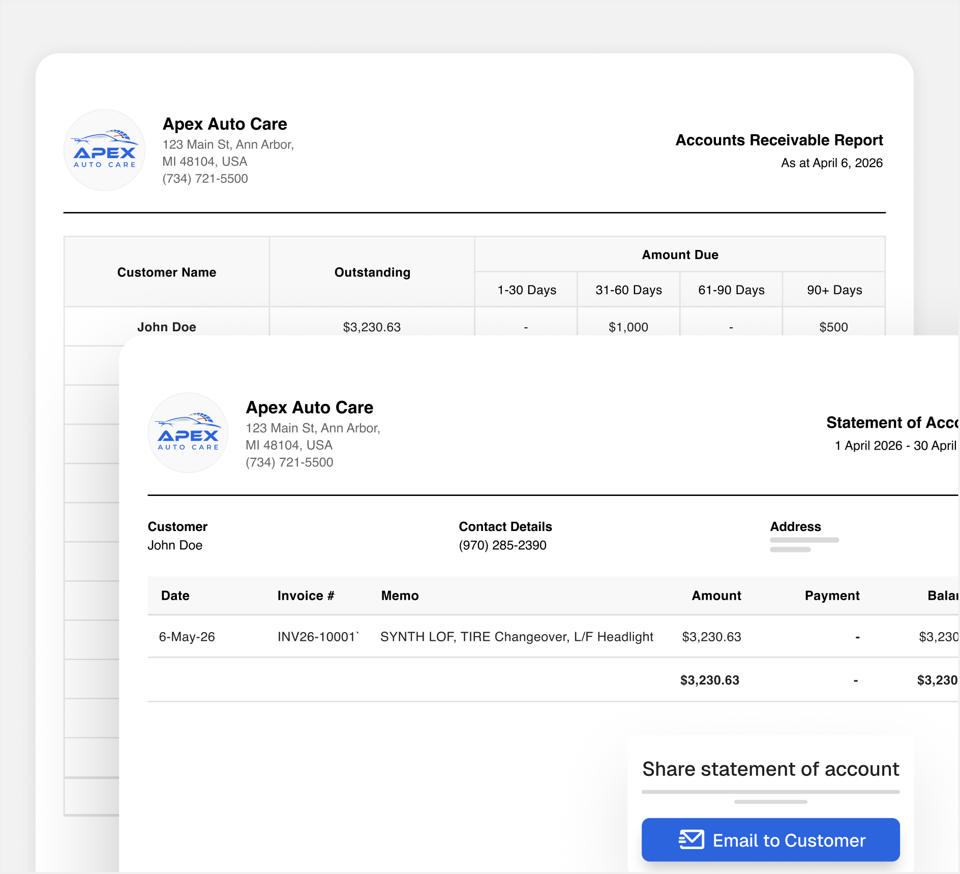 Apex accounts receivable report and statement of account documents