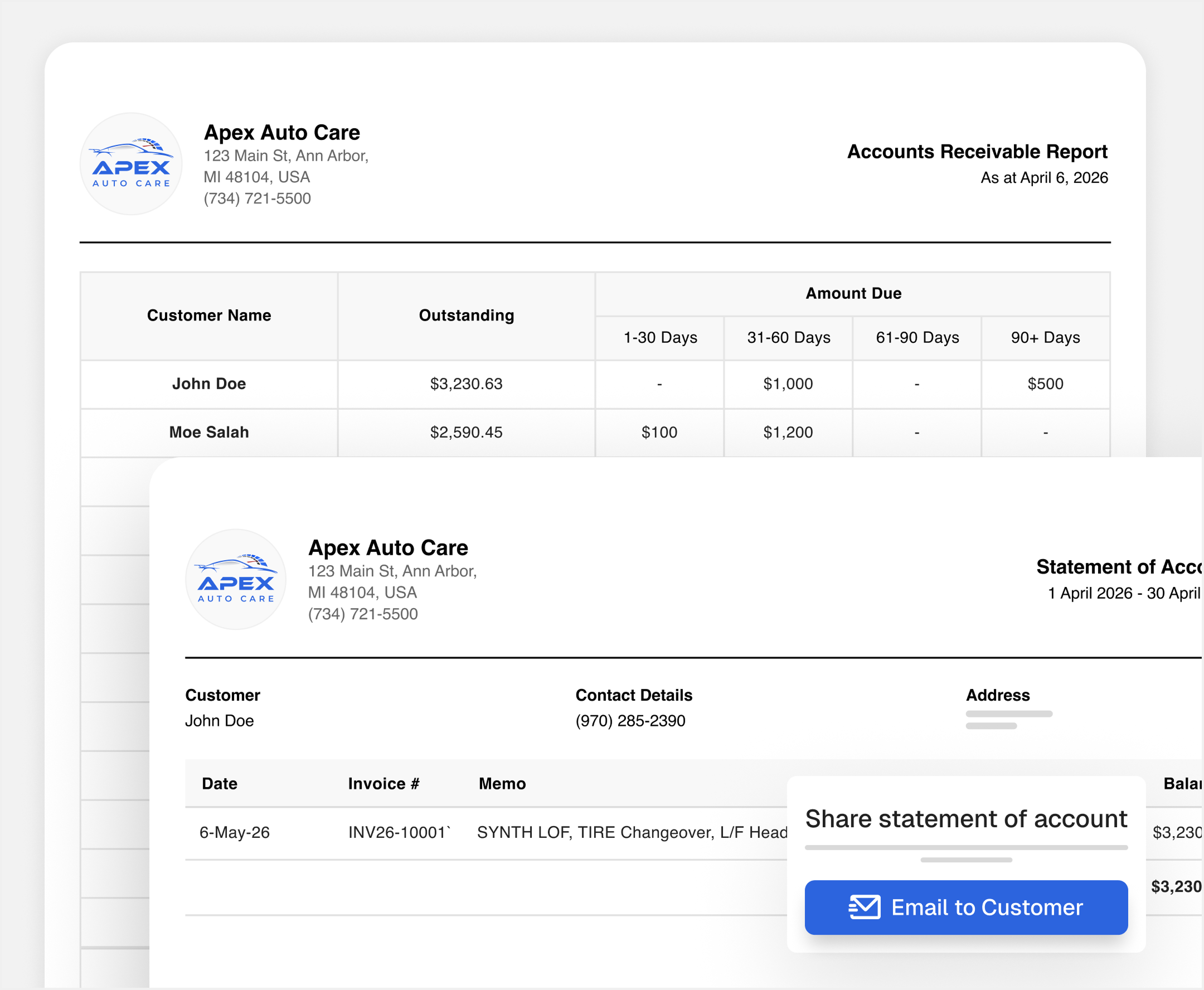 Apex accounts receivable report and statement of account documents