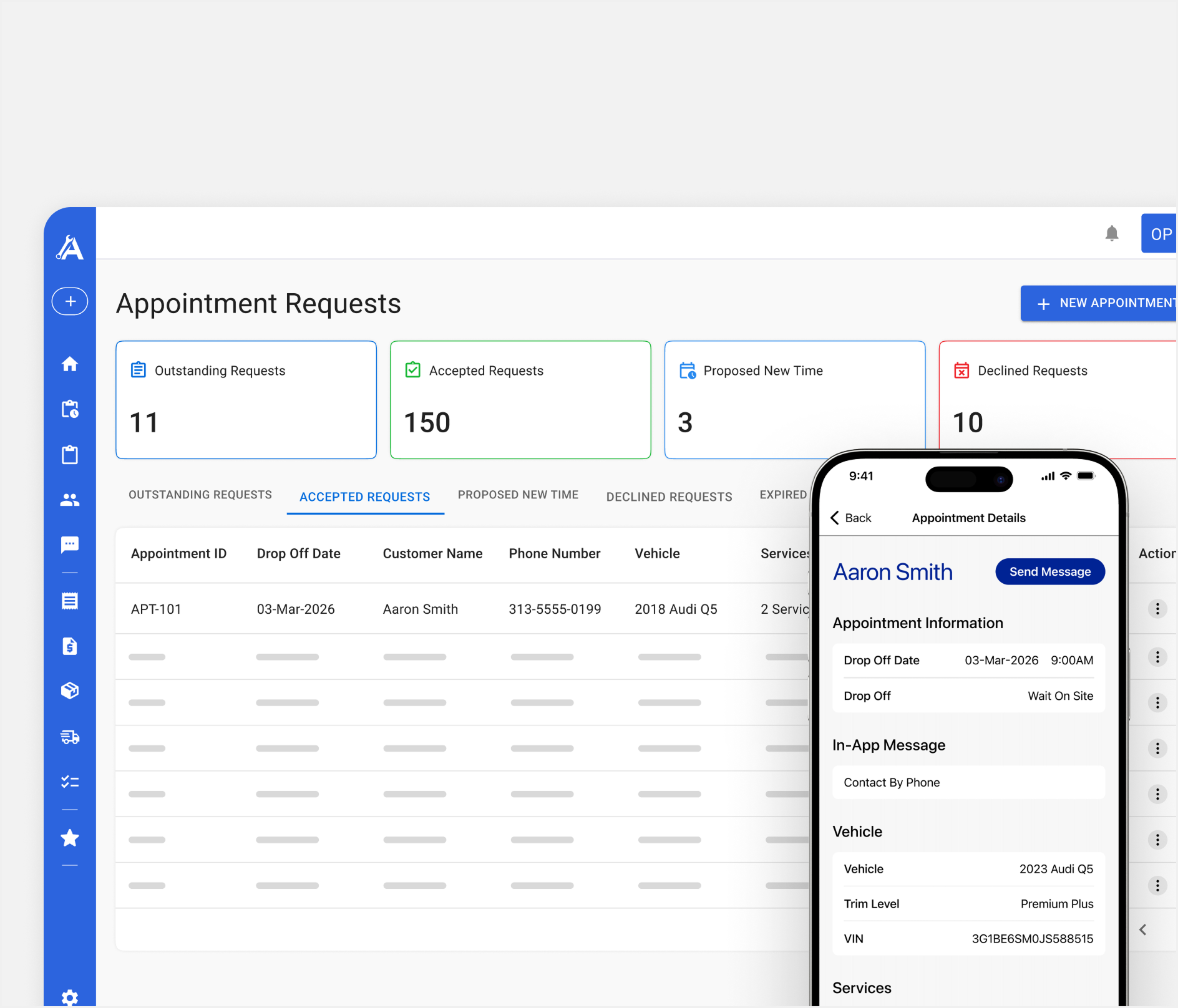 Apex appointment request panel with accept, decline and propose new time actions