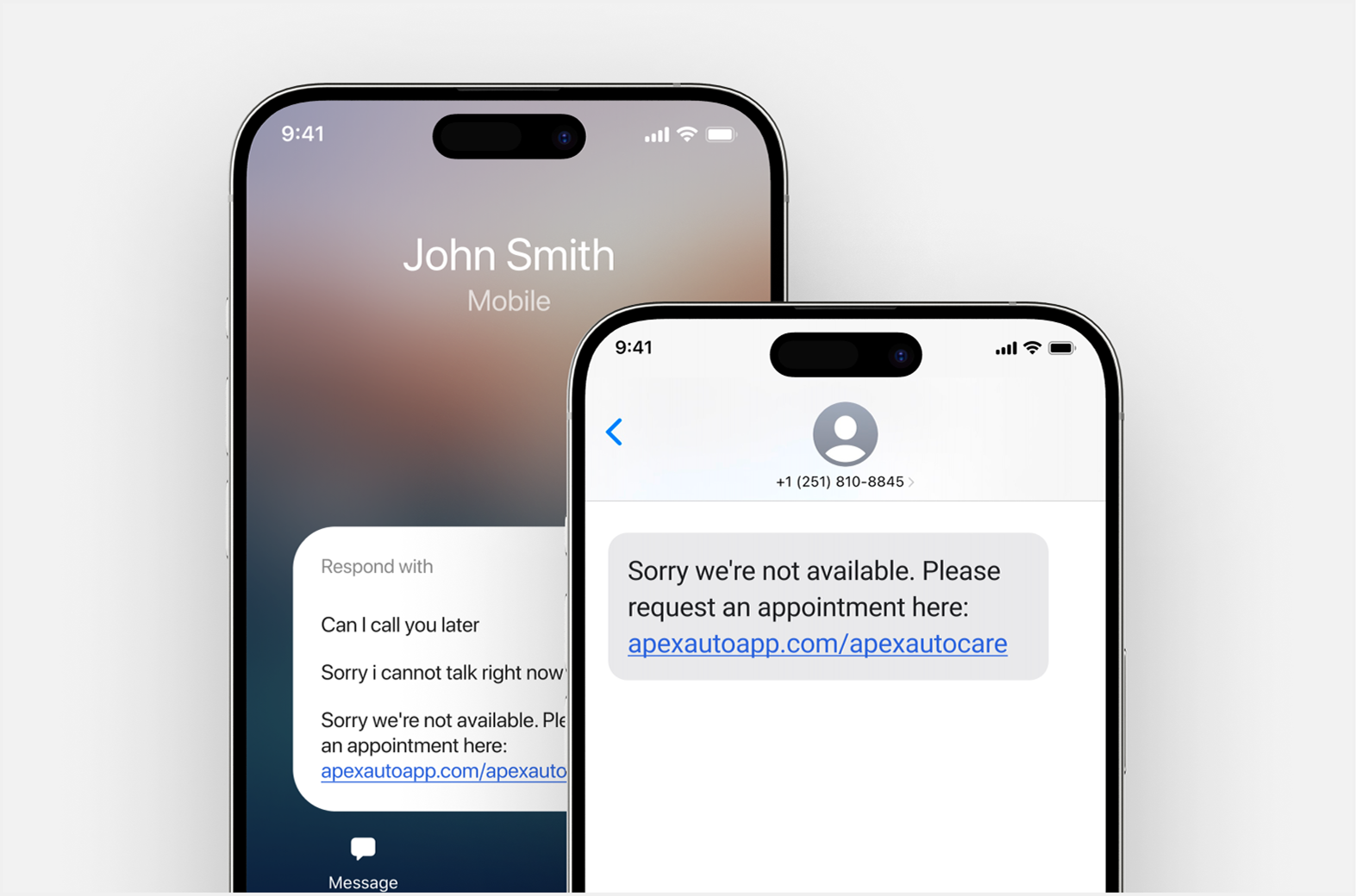 Two phones showing a booking link sent over text message