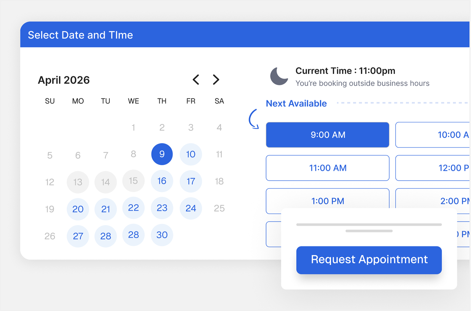 Apex booking calendar showing next available appointment slots
