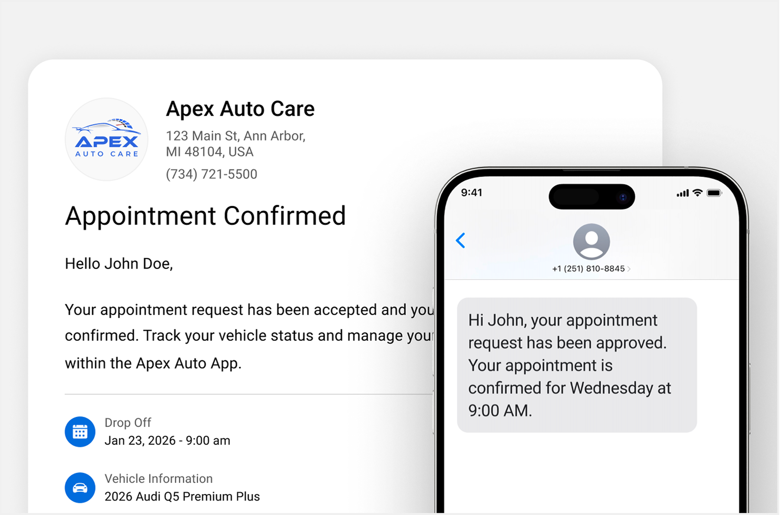Apex appointment confirmed email and a phone showing the confirmation