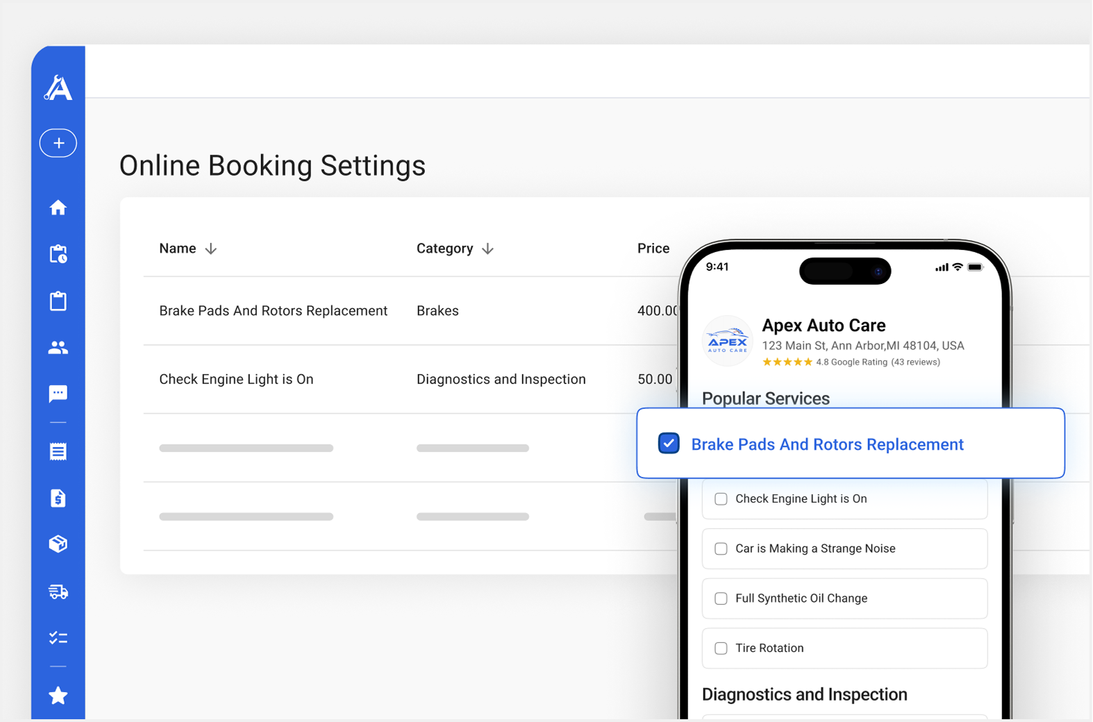 Apex booking settings screen for highlighting featured services