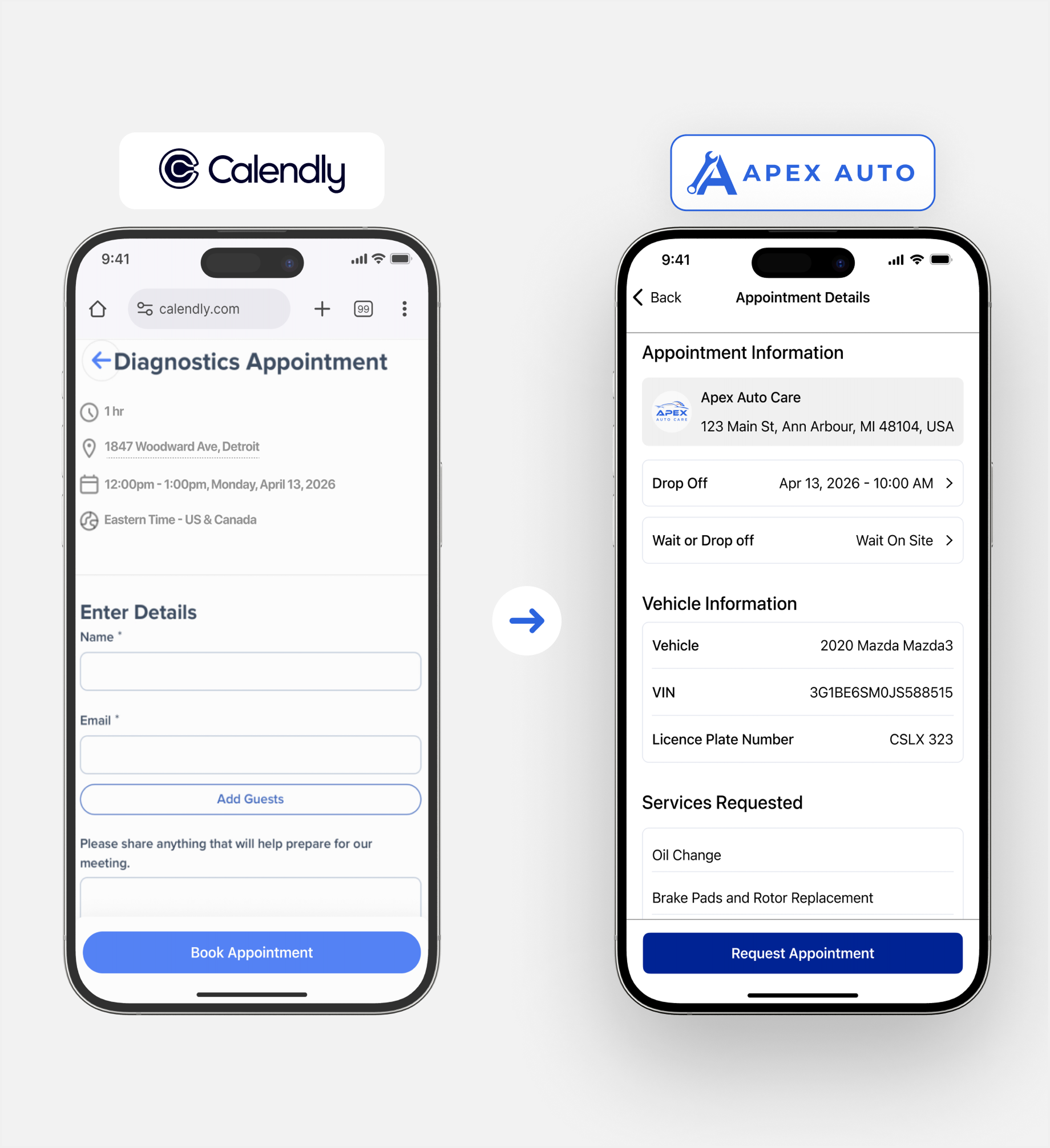 Calendly generic booking vs Apex Auto repair-specific booking side by side