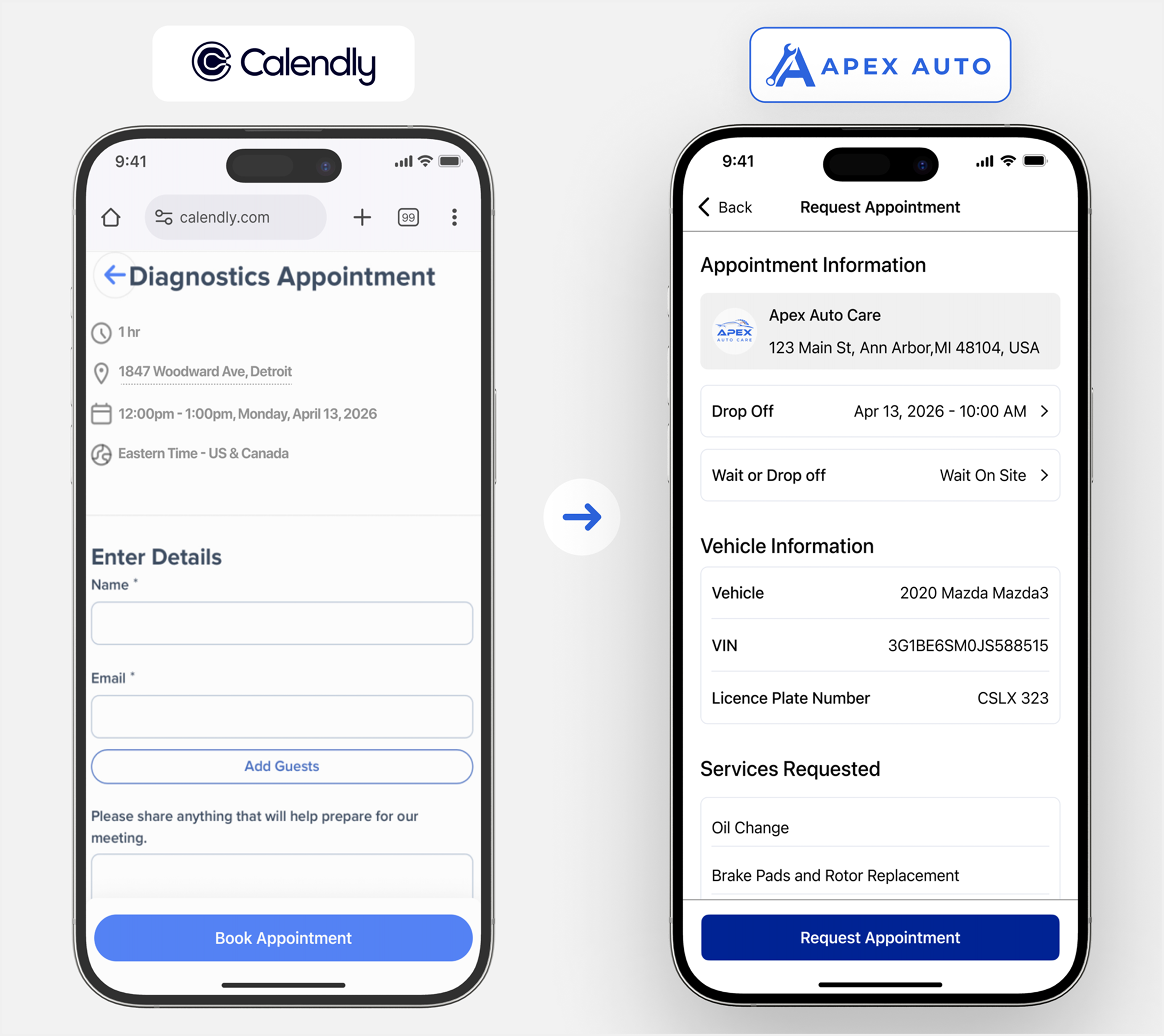 Calendly generic booking vs Apex Auto repair-specific booking side by side
