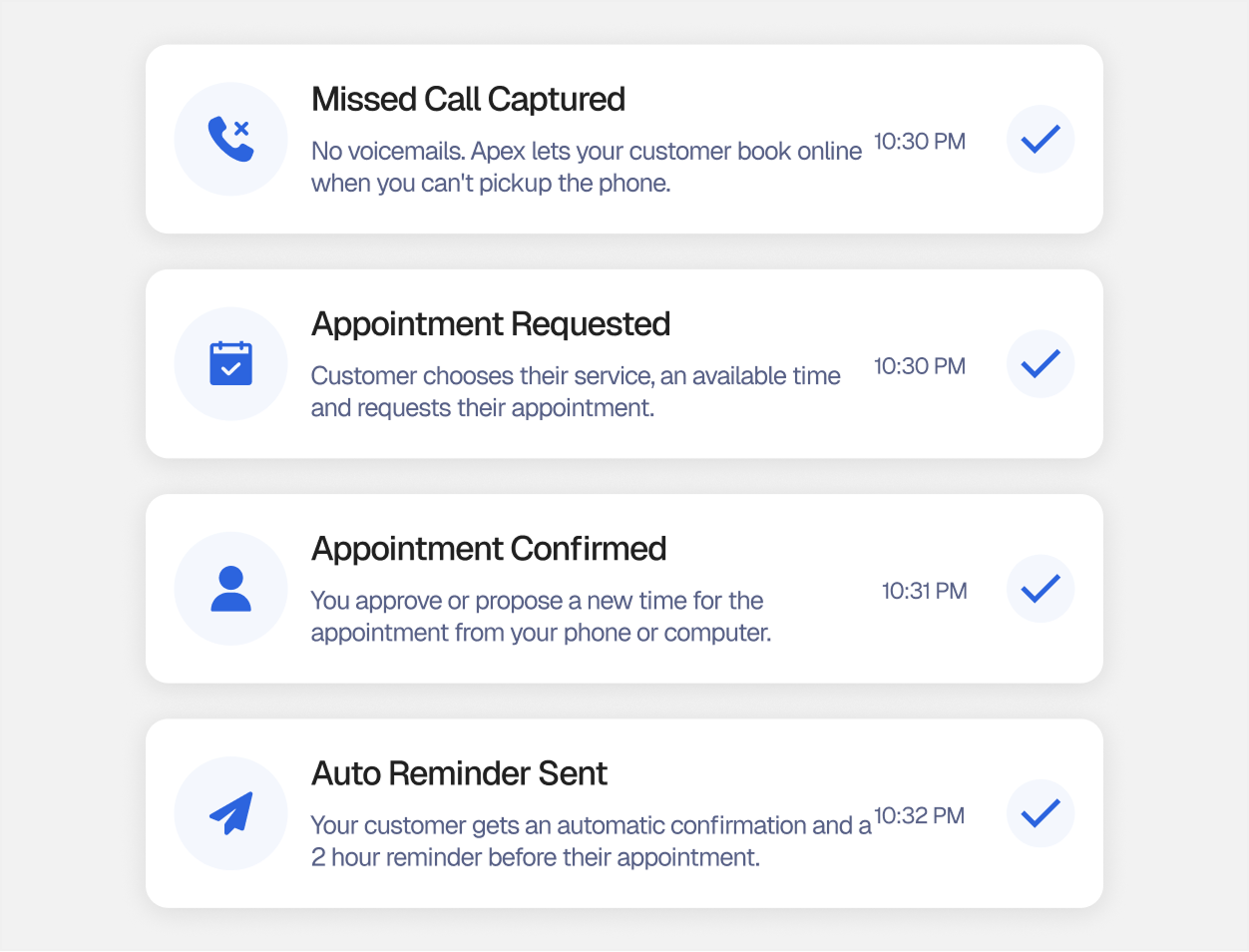 Apex dashboard capturing a missed call and auto-booking a confirmed appointment